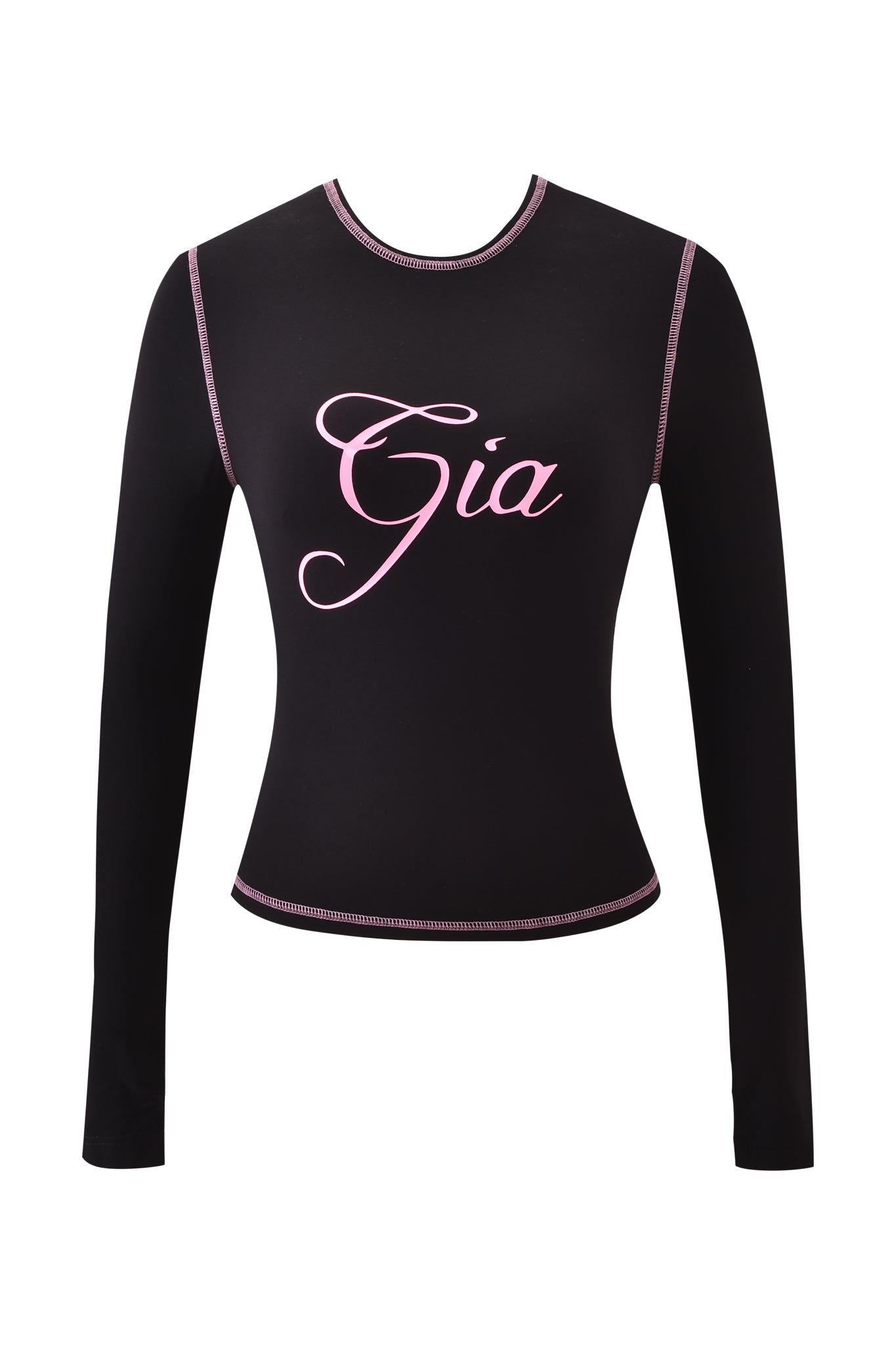 The BLARE LONG SLEEVE TOP - BLACK by I.AM.GIA features pink lettering and channels the brand's edgy style.