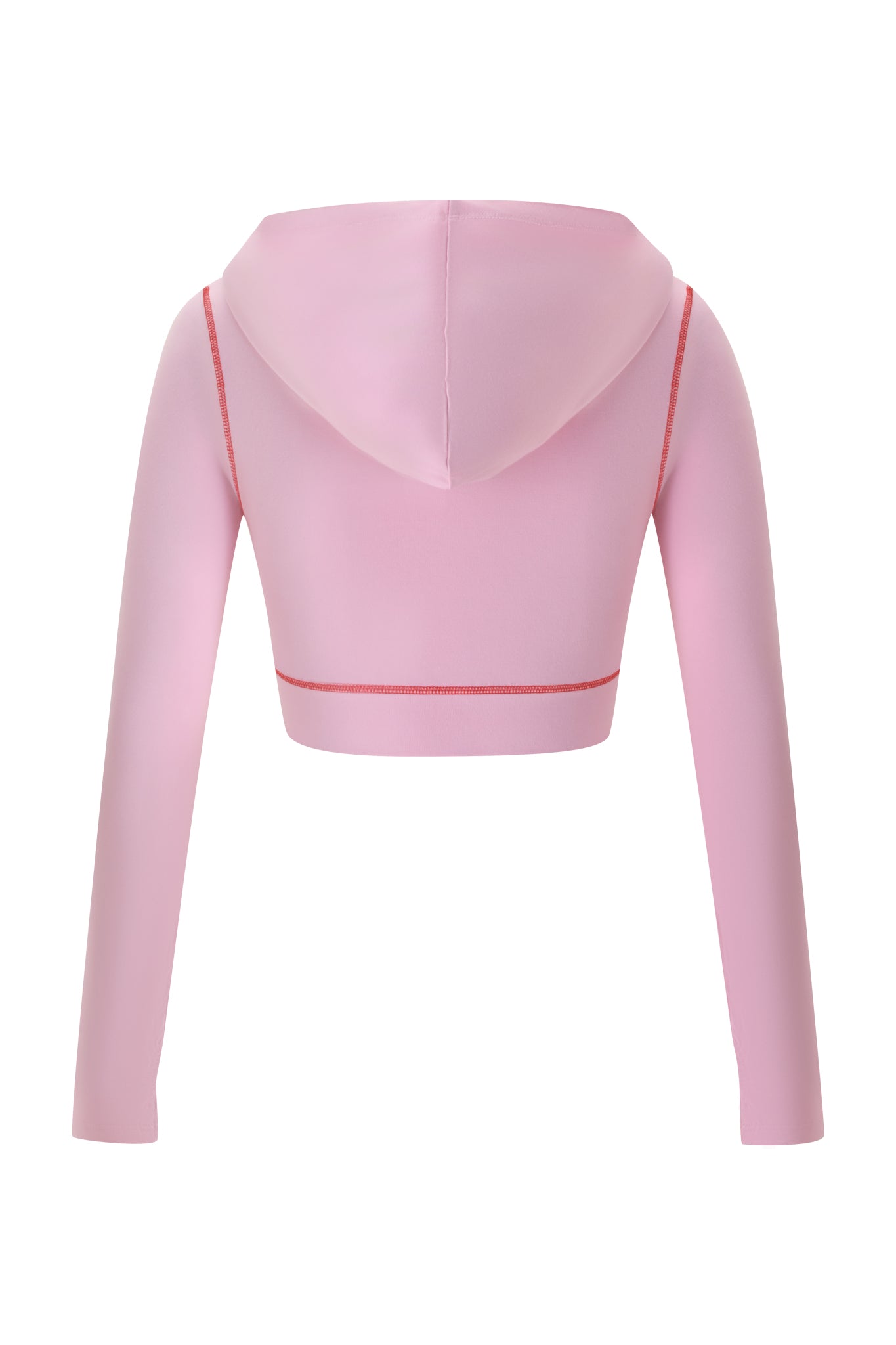 Back view of the I.AM.GIA BLARE CROPPED HOODIE in baby pink, featuring long sleeves, distinctive red stitching along the seams, and a fitted silhouette. Made from soft bamboo fabric, this hoodie offers a smooth texture and includes a hood at the top.