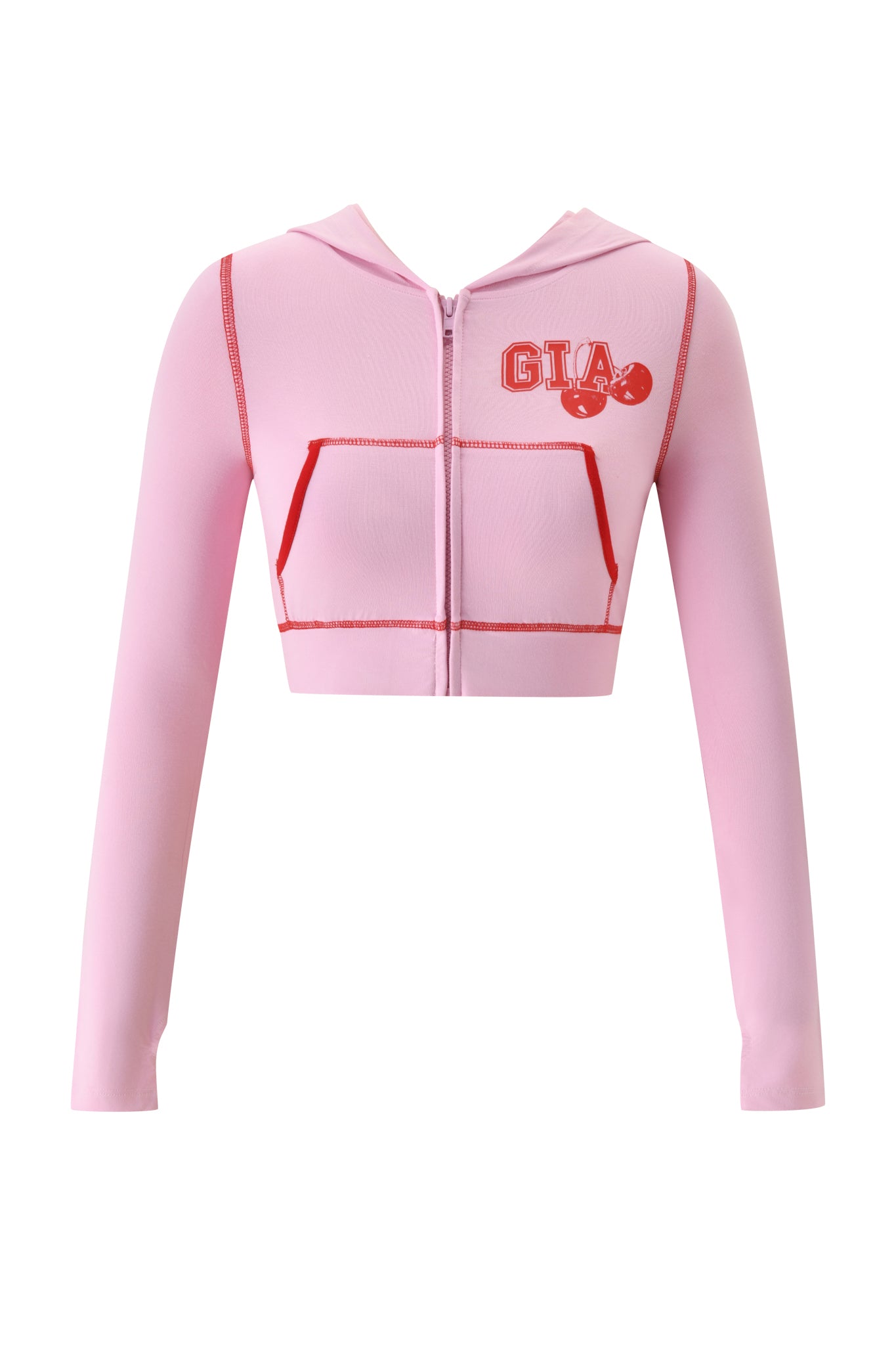 Experience ultimate comfort in the BLARE CROPPED HOODIE - BABY PINK by I.AM.GIA, featuring long sleeves, red stitching, and a "GIA" with cherries print on the left chest, all crafted from soft bamboo fabric.