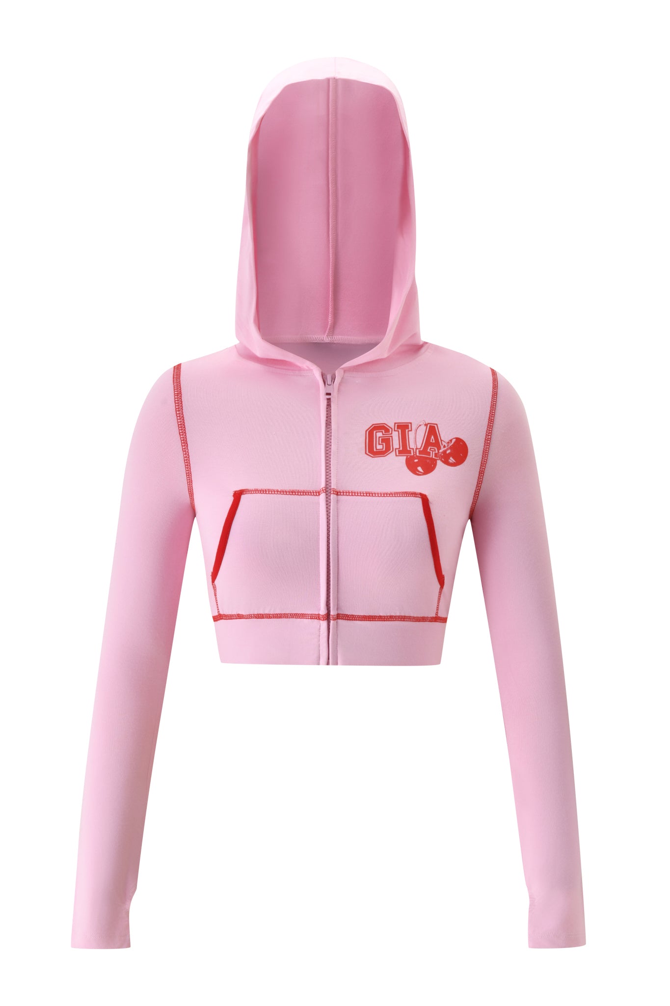 Introducing the BLARE CROPPED HOODIE - BABY PINK by I.AM.GIA: a baby pink hoodie crafted from premium bamboo fabric, featuring long sleeves, a front zipper, vivid red trim details, and “GTA” text with a small cherry graphic on the left chest.