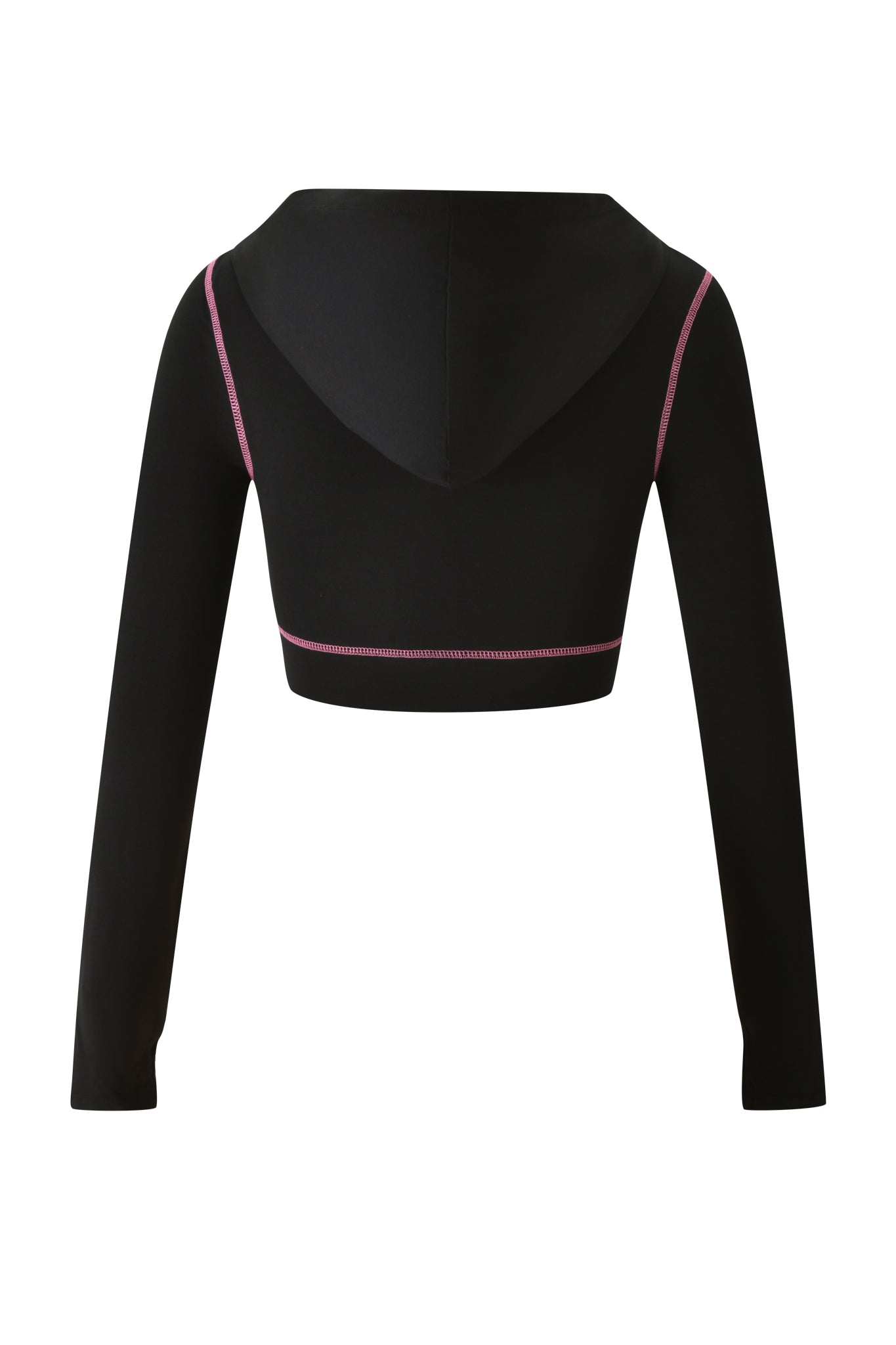 The BLARE CROPPED HOODIE - BLACK by I.AM.GIA features long sleeves, pink stitching along the seams, and a hood. Displayed against a white background, the image shows the back view of this black cropped hoodie.