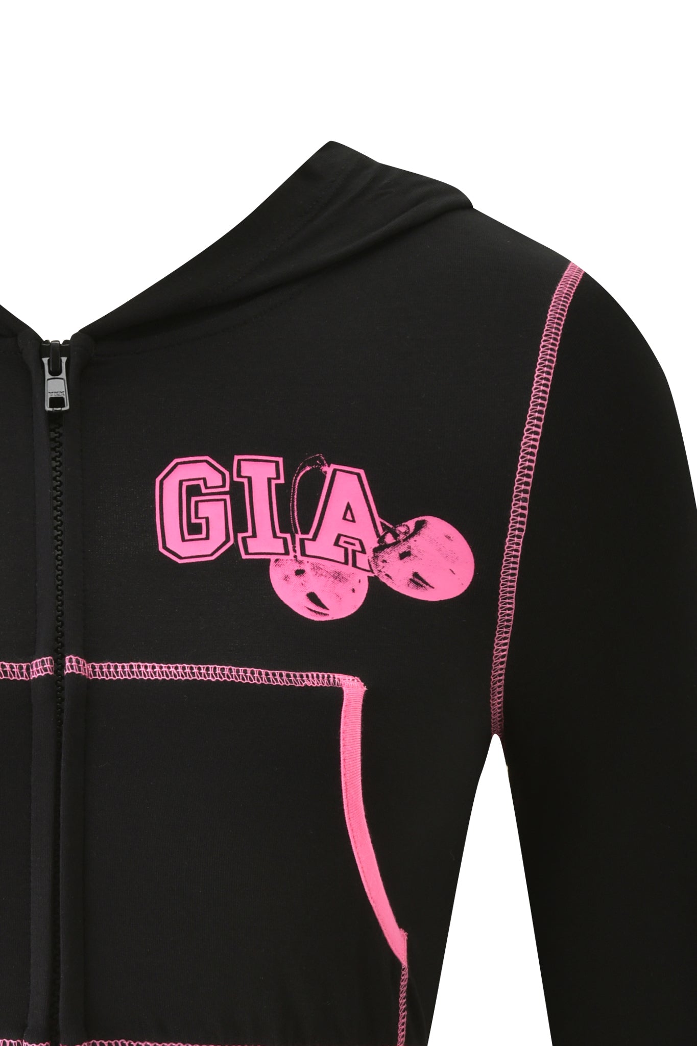 The image displays the upper front of the I.AM.GIA BLARE CROPPED HOODIE in black, showing its zipper and part of the pocket. This hoodie features pink stitching, "GIA" lettering, and a two-pink-cherries graphic on the left chest.
