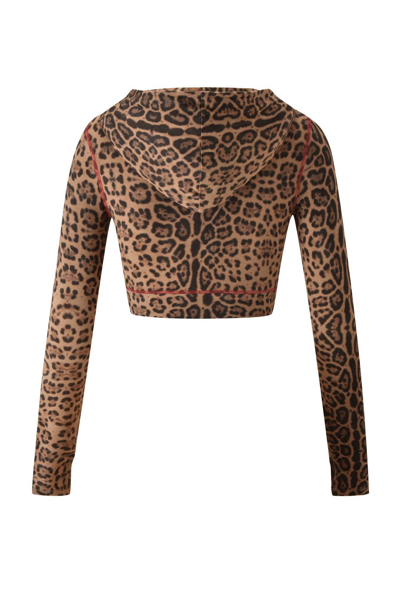 Back view of the I.AM.GIA BLARE CROPPED HOODIE - PANTHERA, showcasing a striking brown and black leopard print with a hood and distinctive red seam accents on the shoulders and back. This bold cropped hoodie is perfect for making an edgy statement in your streetwear collection.