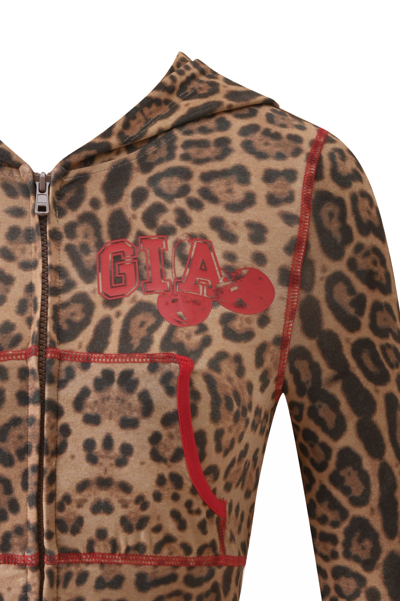 Close-up of the I.AM.GIA BLARE CROPPED HOODIE - PANTHERA, featuring a brown leopard print, red stitching, red cherry accents, and "GIA" in red lettering on the chest.