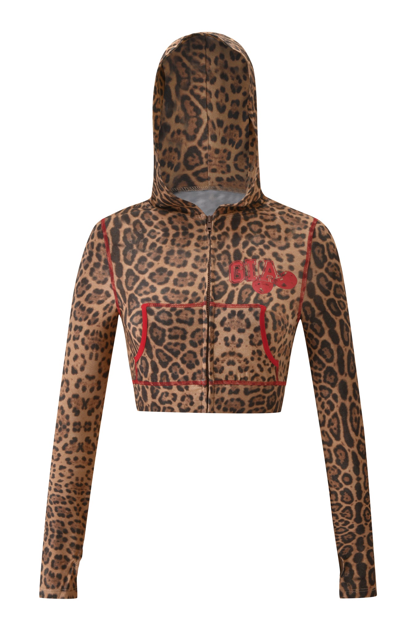 The BLARE CROPPED HOODIE - PANTHERA by I.AM.GIA is a cropped, long-sleeve hoodie featuring a brown and black leopard print, red-trimmed pockets, and a red graphic on the left chest.