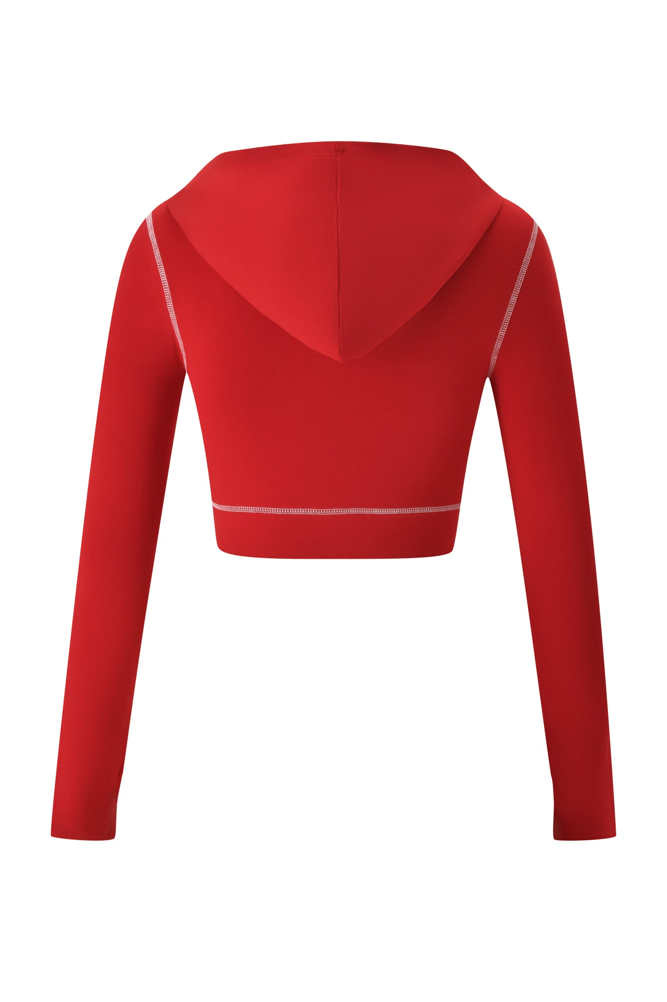 The I.AM.GIA BLARE CROPPED HOODIE in red features long sleeves and white stitching, displayed from the back on a plain white background.
