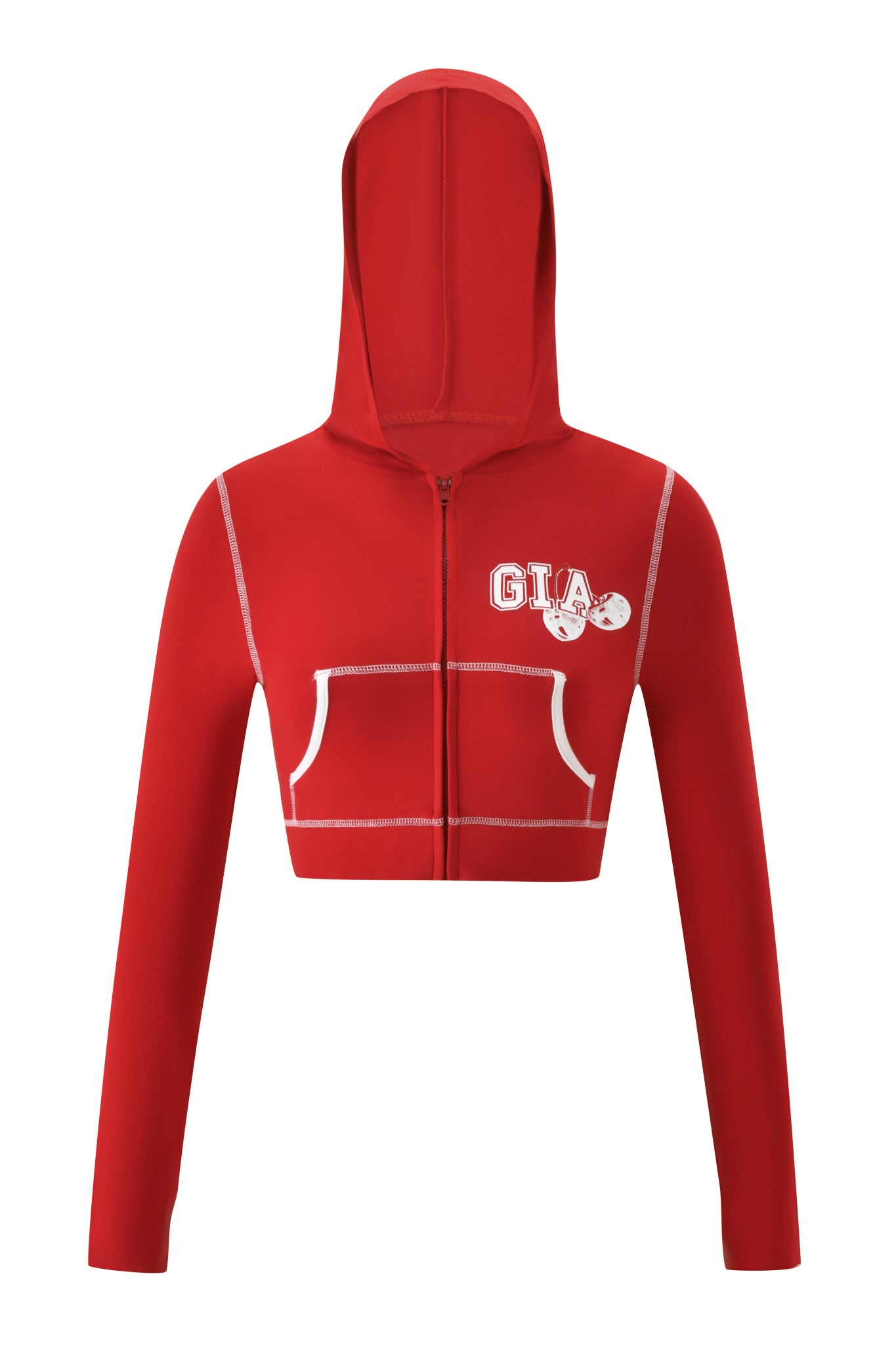 The BLARE CROPPED HOODIE in red by I.AM.GIA features a front zipper, striking white seams, and a bold "GIA" logo with a football helmet graphic on the left chest for a sporty yet edgy look.