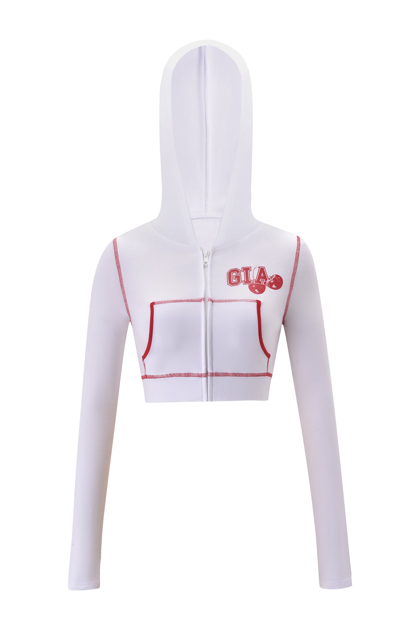 The BLARE CROPPED HOODIE - WHITE by I.AM.GIA features a bodycon fit, long sleeves, red seam accents, two front pockets, and “GTA 6” printed in red on the left chest.