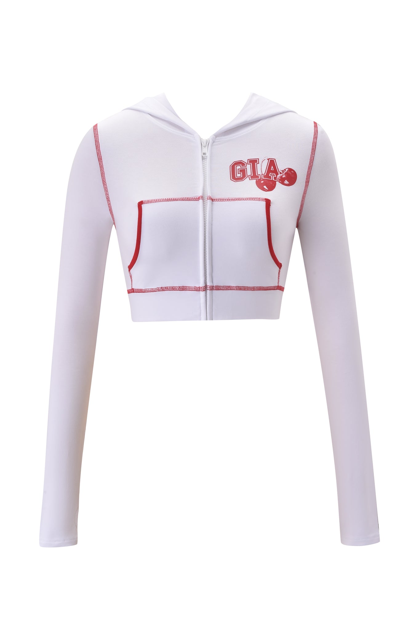 The I.AM.GIA BLARE CROPPED HOODIE - WHITE is a long-sleeve, bodycon cropped hoodie with red stitching, two red-trimmed front pockets, and a "GTA" boxing glove graphic on the left chest.