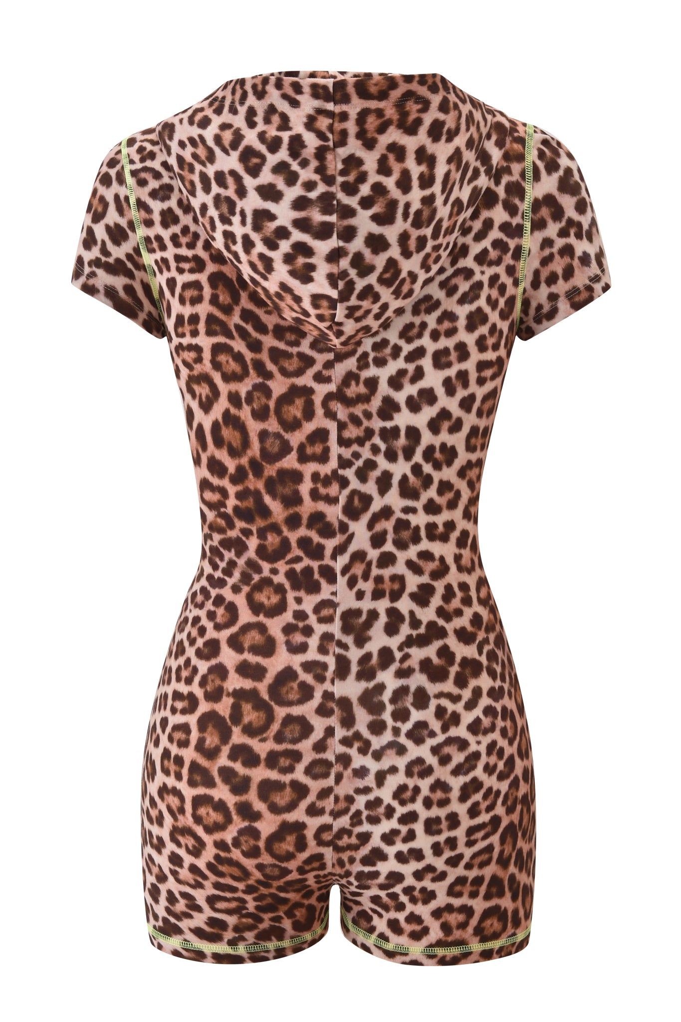 The I.AM.GIA BLARE SHORT SLEEVE ROMPER - LEOPARD features a hood, short legs, bold brown and black leopard print, green-edged stitching, and a striking back view for standout style.