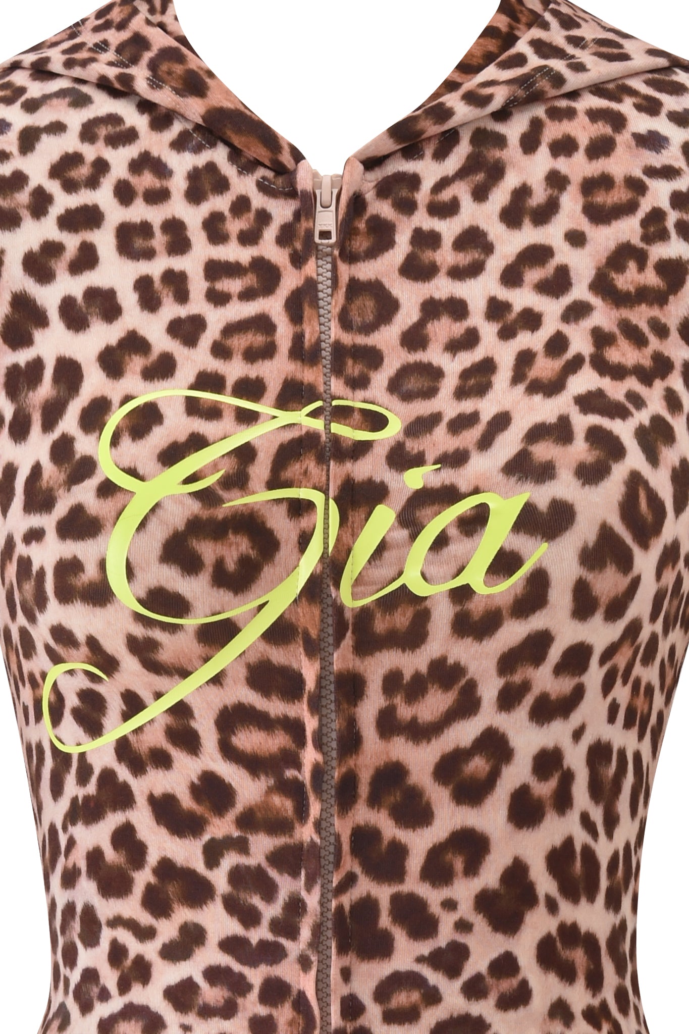 Close-up of the I.AM.GIA BLARE SHORT SLEEVE ROMPER in leopard print, with a zip-up front and "Gia" in bold yellow-green script across the mini romper.