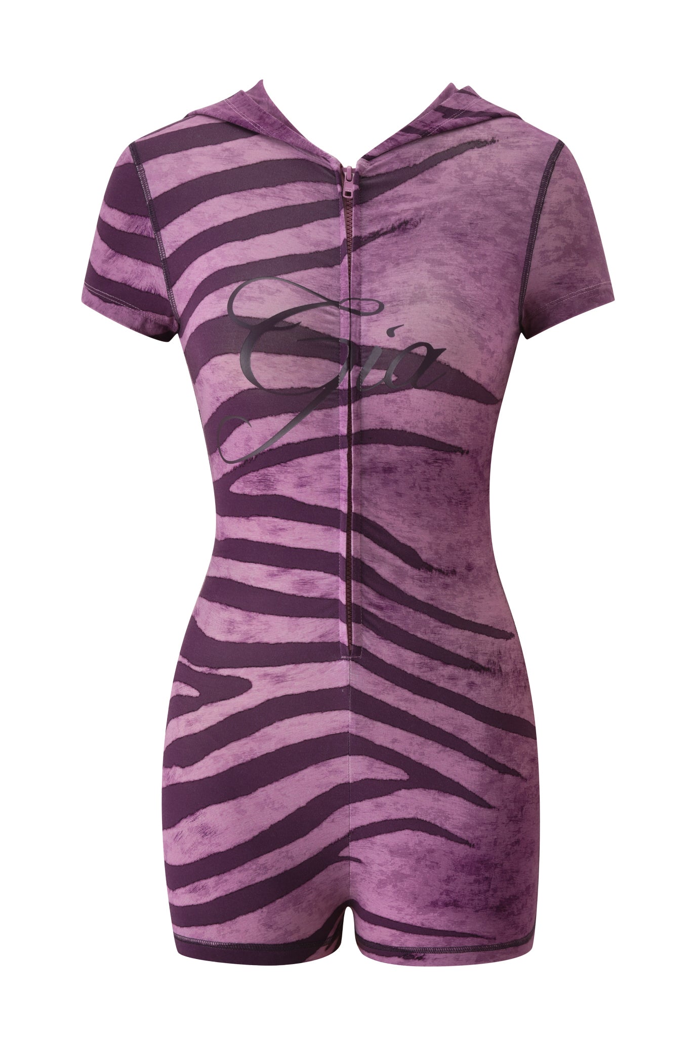 The BLARE SHORT SLEEVE ROMPER - PLUM WILD SIDE by I.AM.GIA is a short-sleeve, hooded, bodycon romper with a front zipper and "GIA" in cursive on the chest.