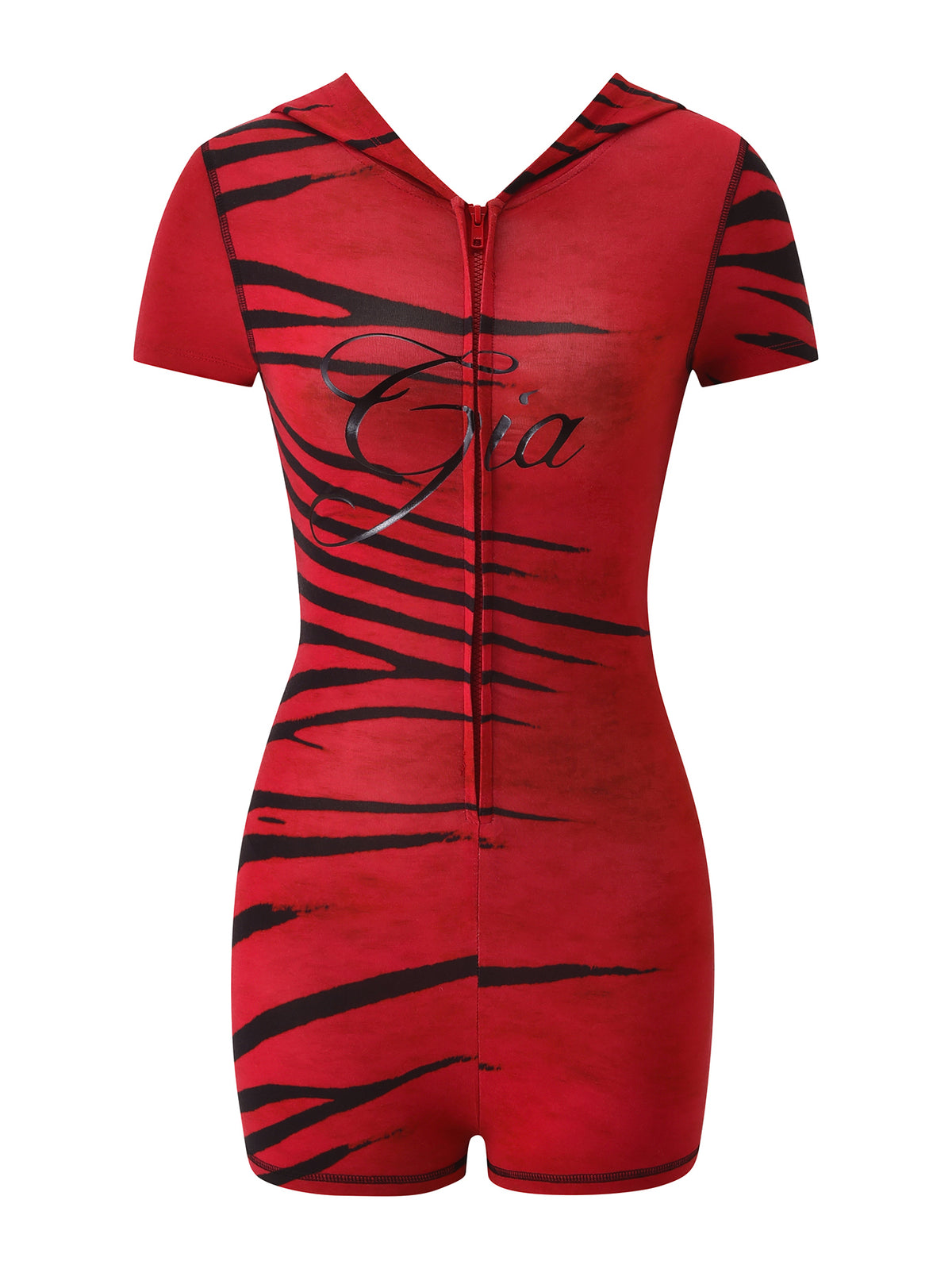 Introducing the BLARE SHORT SLEEVE ROMPER - RED WILD SIDE by I.AM.GIA—a striking red short-sleeve romper featuring bold black tiger stripes, a front zipper, hood, and “Gia” scripted across the chest for a playful yet fierce bodycon mini look.