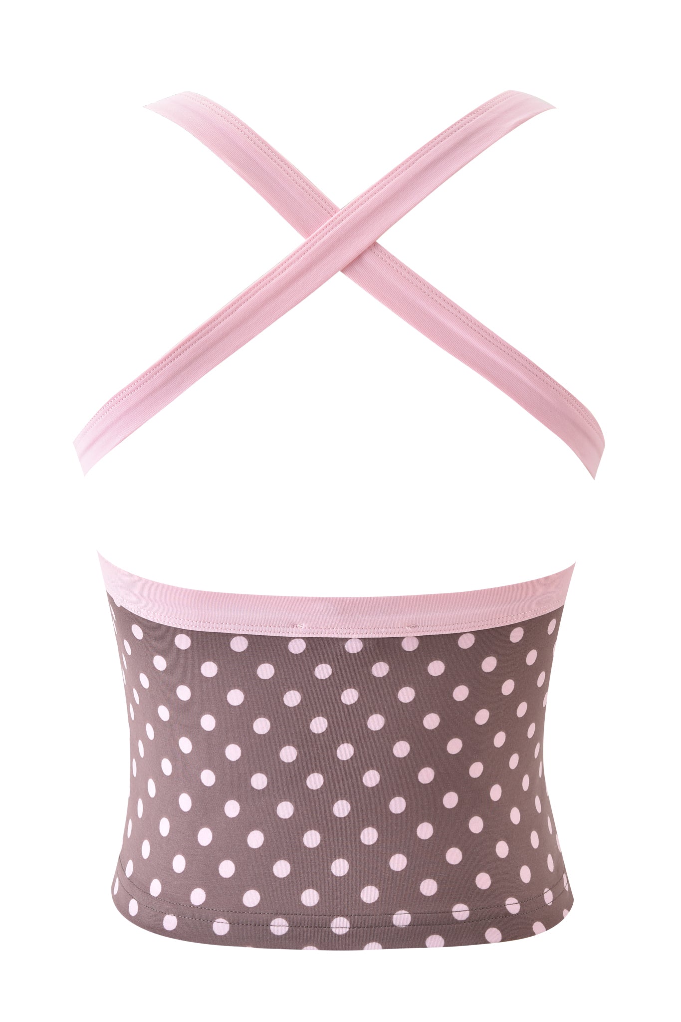 The I.AM.GIA BLARE HALTER STRAP TOP in Pink Chocolate features a cropped fit, brown polka dot body, light pink band at the top, and crossed light pink halter straps at the back.