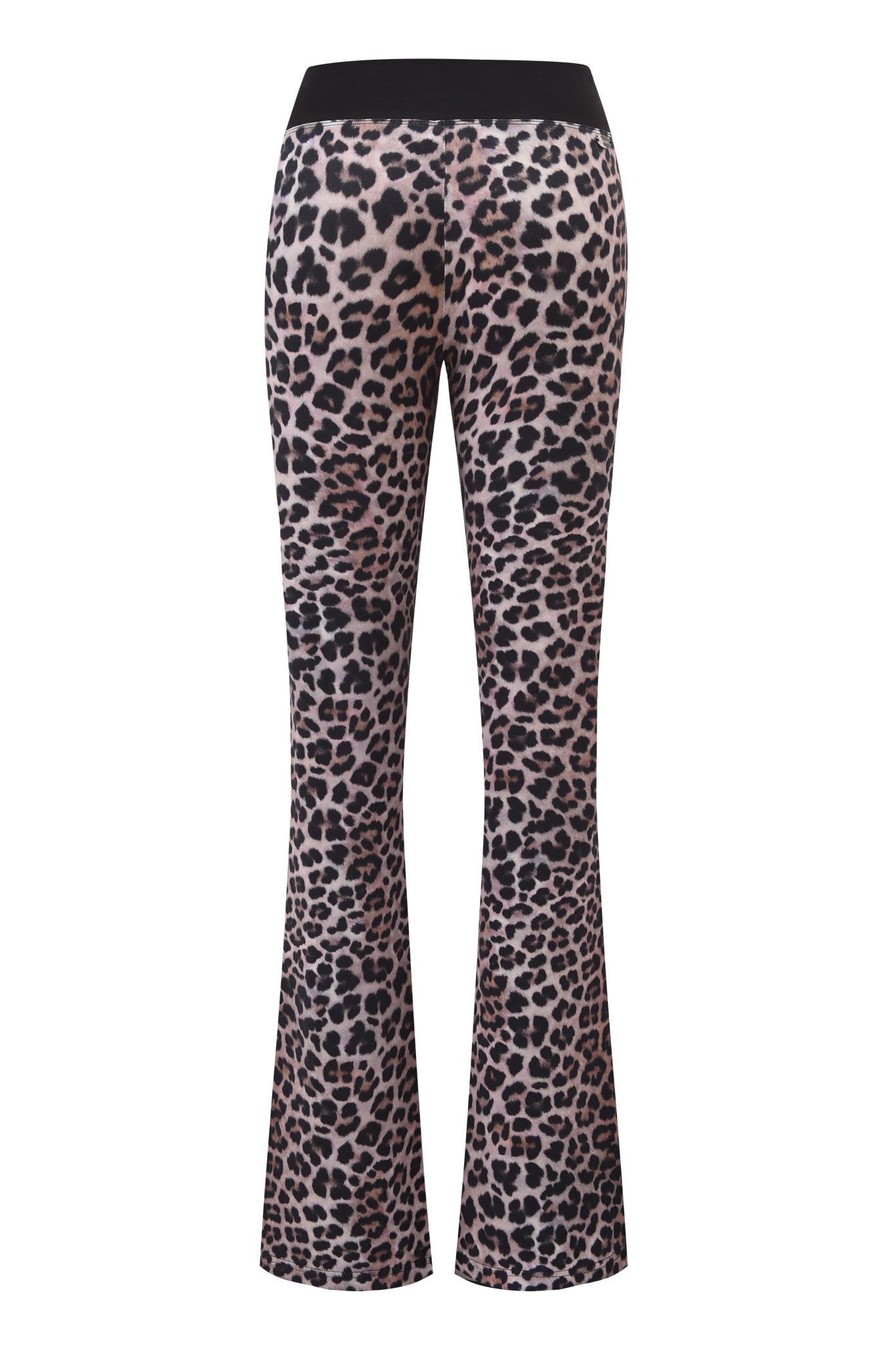 The I.AM.GIA BLARE CROSSOVER PANT - LEOPARD features a flared leg and black waistband, displayed from the back against a white background.