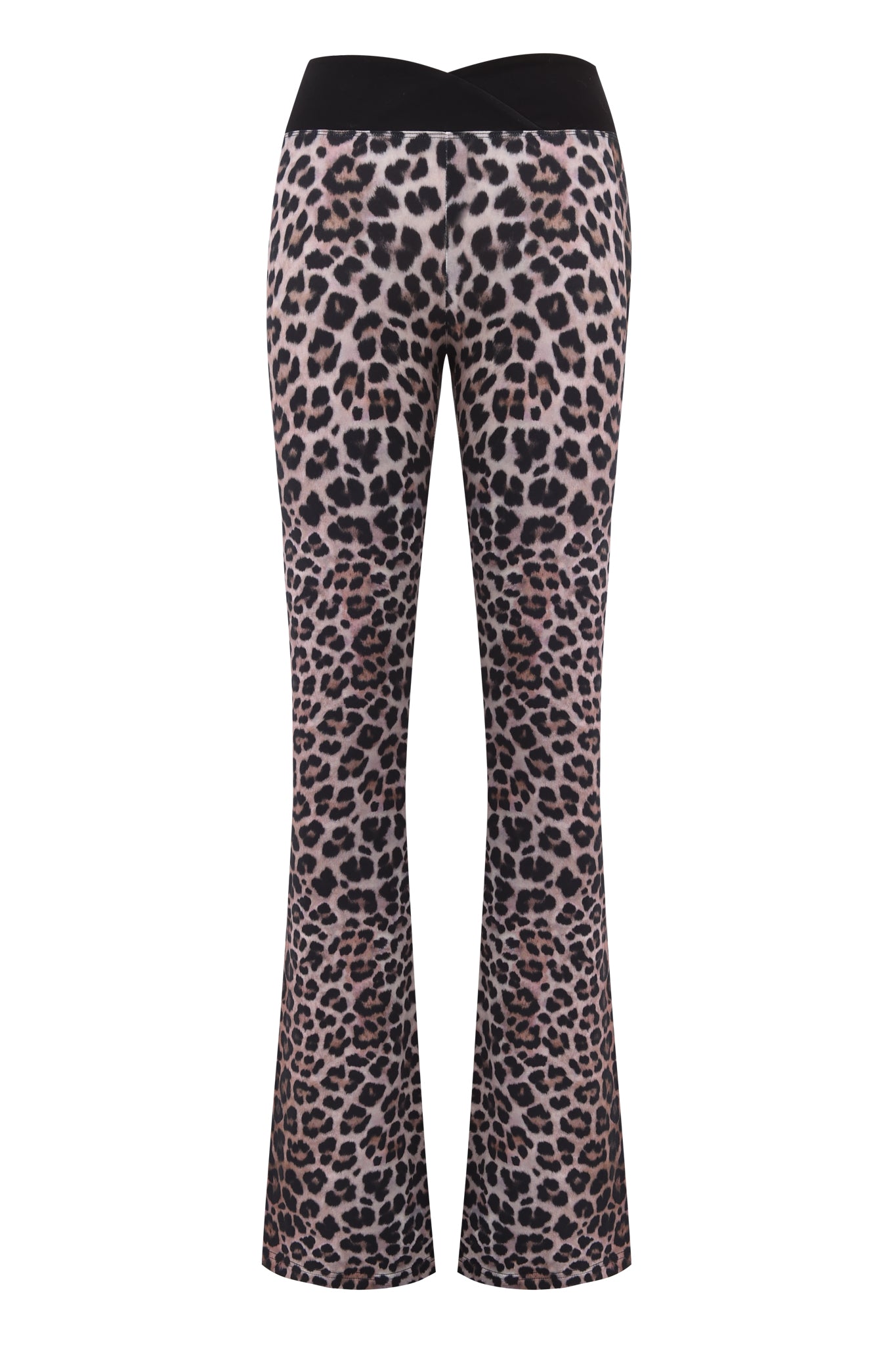 Back view of the I.AM.GIA BLARE CROSSOVER PANT - LEOPARD: flared jersey lounge pants with a black waistband and an all-over leopard print in brown, beige, and black.