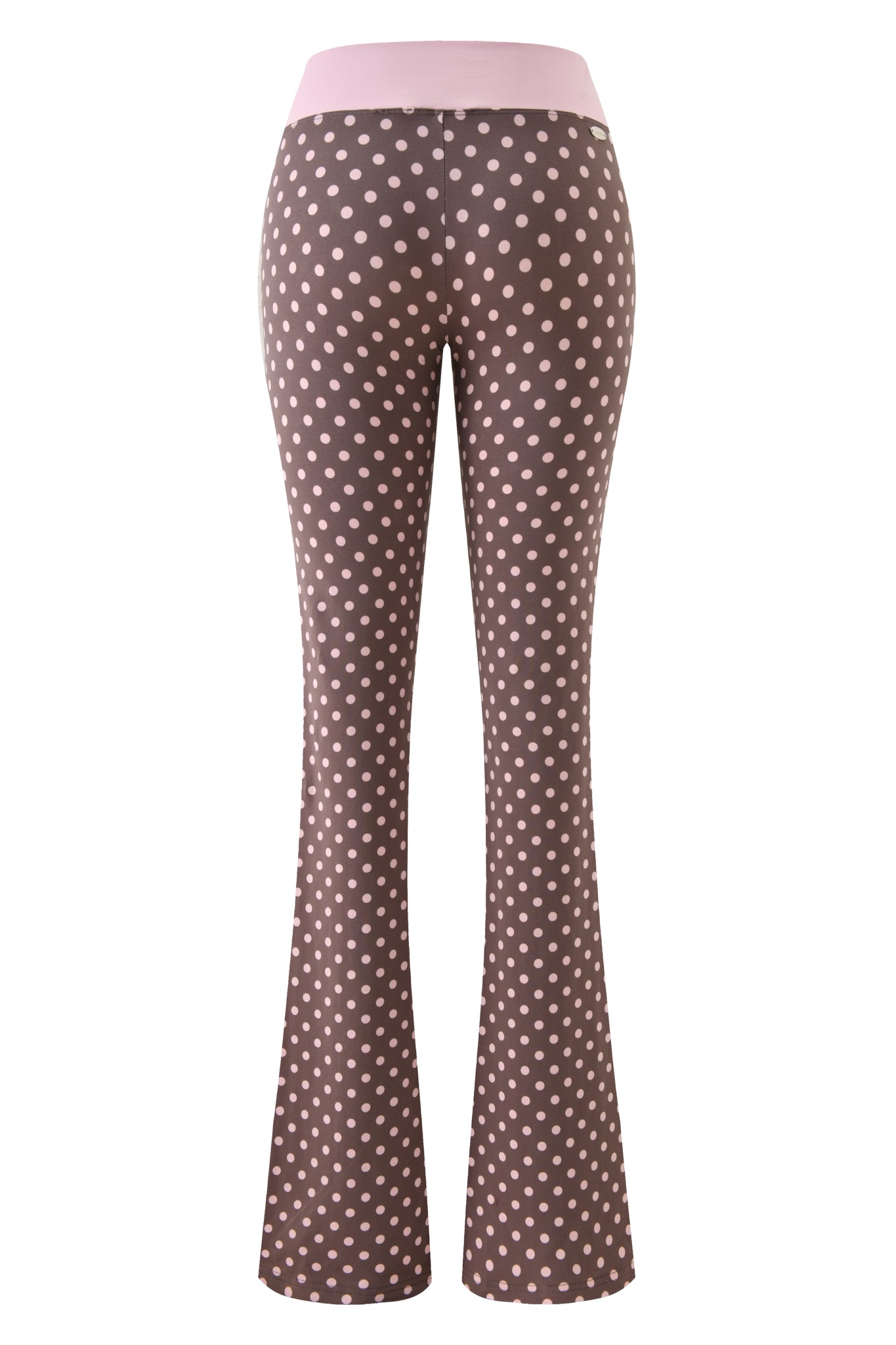 The I.AM.GIA BLARE CROSSOVER PANT - PINK CHOCOLATE features a flared leg, light pink polka dot print, and a wide pink waistband, shown from the back on a white background.