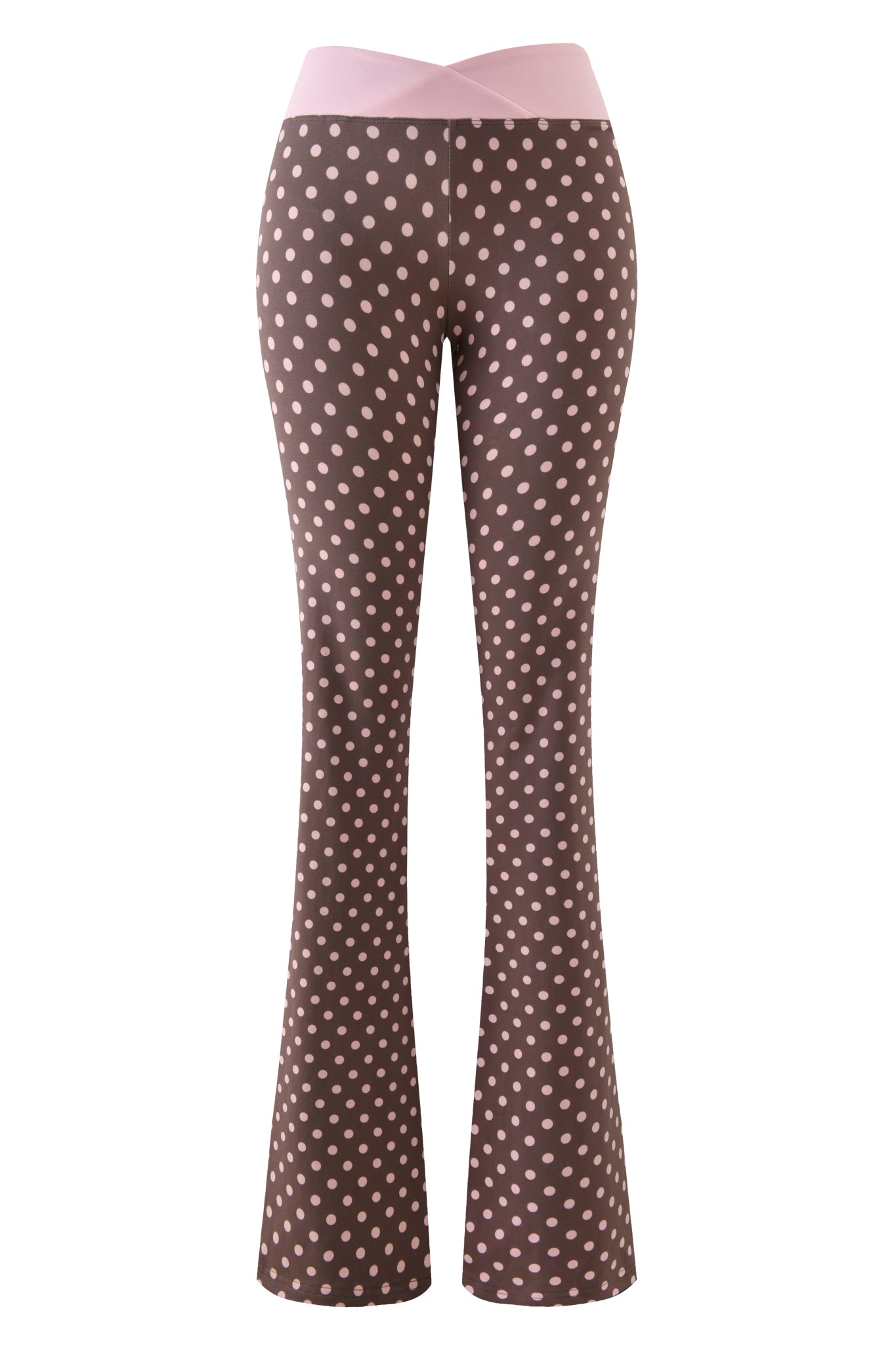 The I.AM.GIA BLARE CROSSOVER PANT - PINK CHOCOLATE features a flared leg, light pink polka dot print, and a wide light pink crossover waistband, shown on a plain white background.