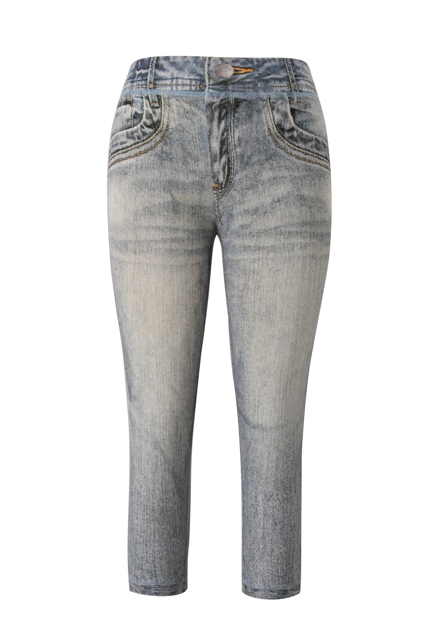 The BLARE CAPRI - DENIM TROMPE L'OEIL by I.AM.GIA features a light-wash, high-waisted design with a faded, distressed faux-denim look, zip and button closure, plus front and back pockets, shown on a white background.