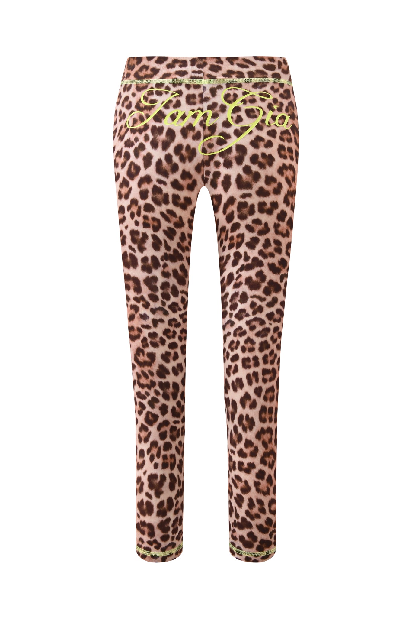 The BLARE CAPRI - LEOPARD by I.AM.GIA features a fitted silhouette and yellow cursive writing across the back waistband for a bold, signature capri look.