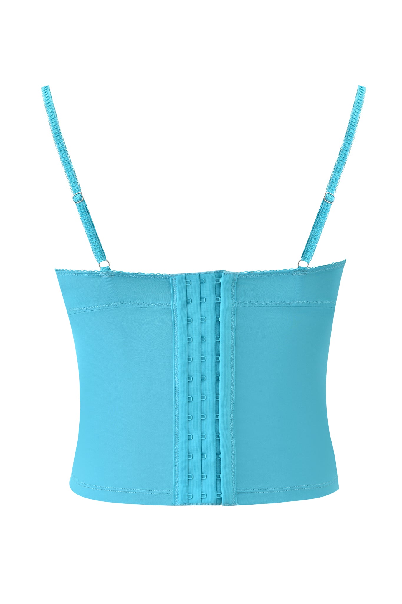 The ASHLING BUSTIER by I.AM.GIA in teal features a satin finish, adjustable satin shoulder straps, and a vertical central row of hook-and-eye closures at the back.