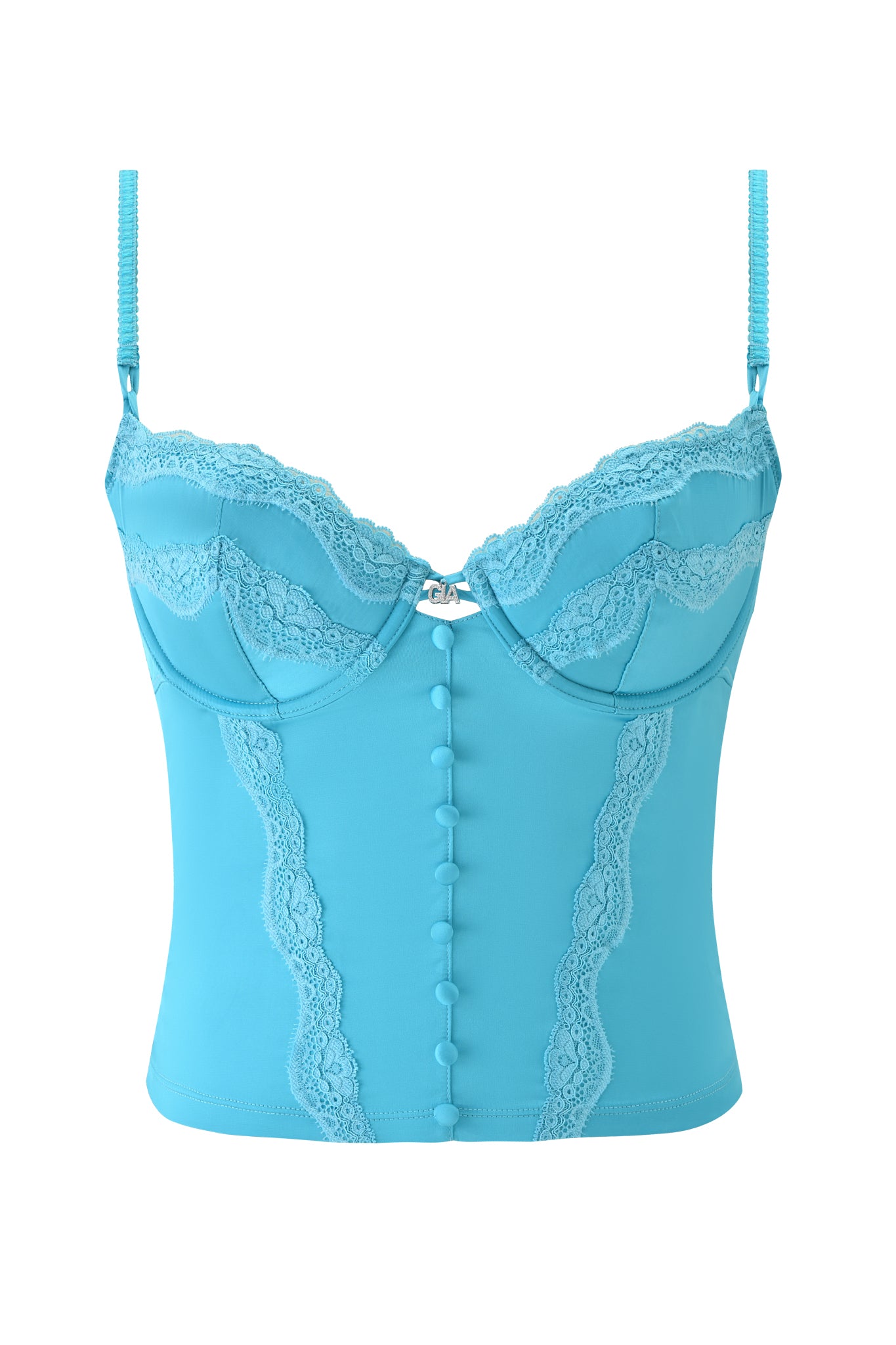 The ASHLING BUSTIER - TEAL by I.AM.GIA features teal blue satin, lace trim, adjustable satin straps, decorative front buttons, a center bow, structured cups, and intricate lace detailing for a delicate finish.