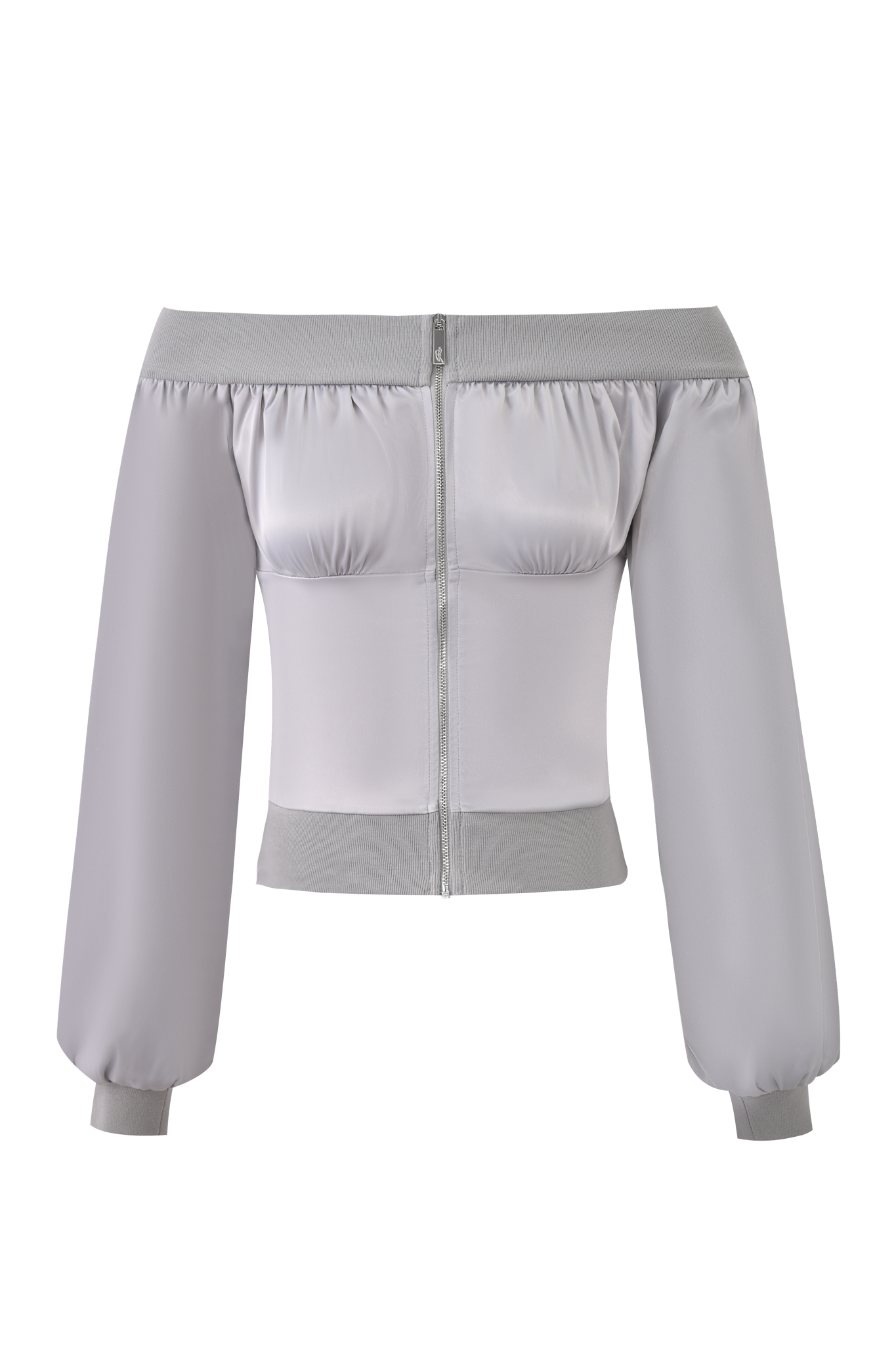 The JORDANA TOP - SILVER by I.AM.GIA is an off-the-shoulder, light gray jacket featuring a fitted bodice, long bell sleeves, front zipper, and wide cuffs in smooth, slightly shiny fabric.