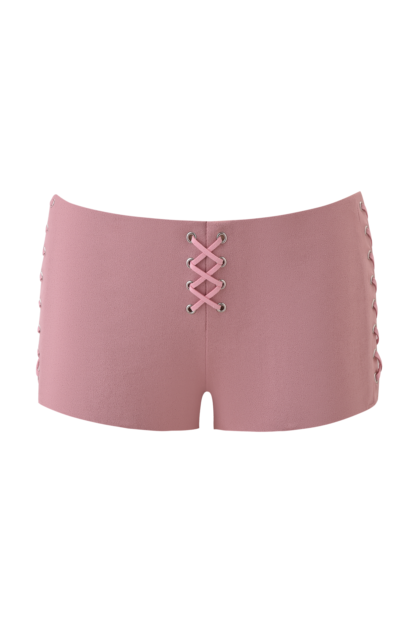 The RAMONA SHORT - BABY PINK by I.AM.GIA features light pink faux-suede fabric with silver eyelets and crisscrossed pink laces, shown on a plain background.