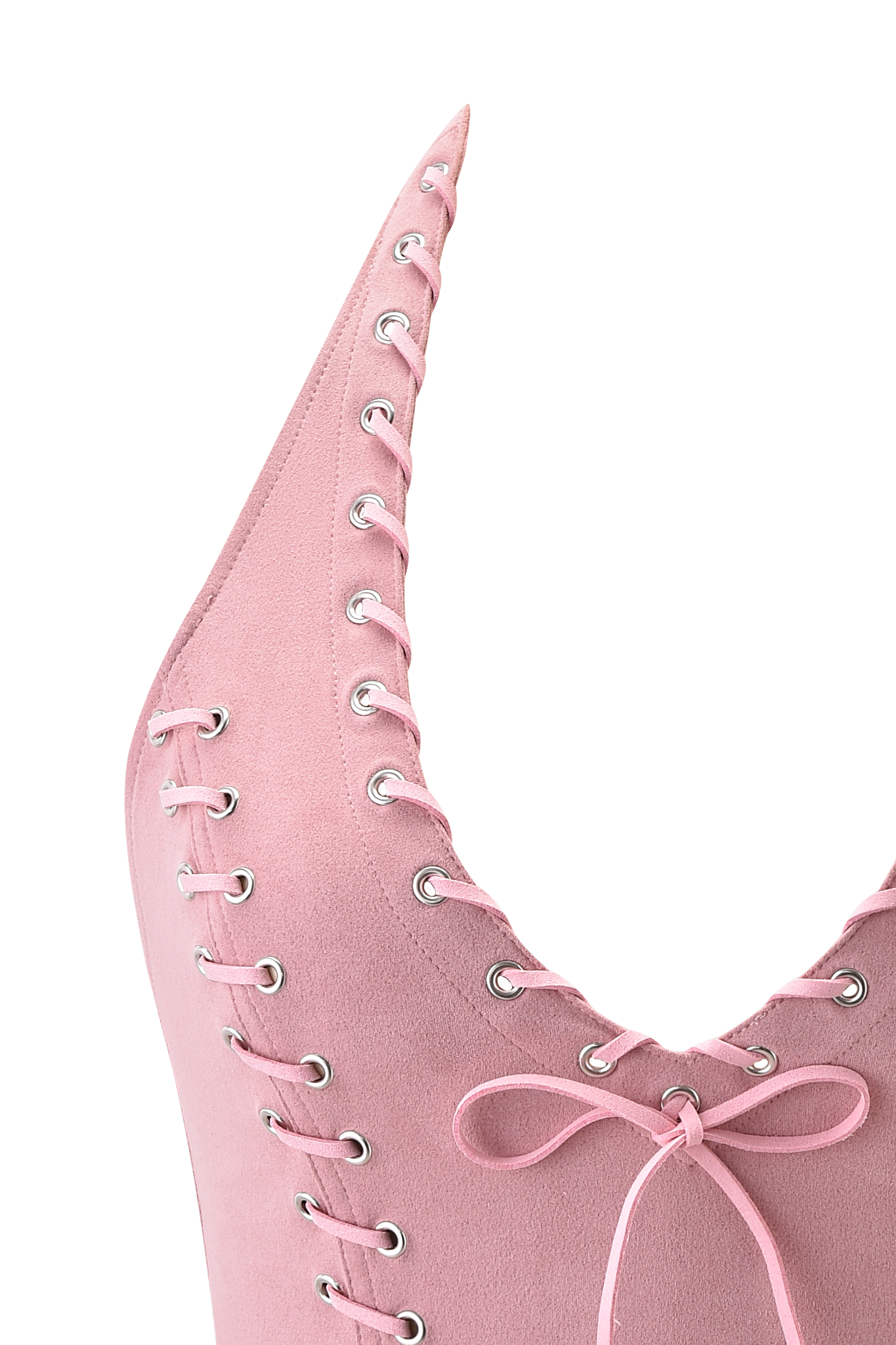 Close-up of I.AM.GIA's ZEPHYR TOP in baby pink, a faux suede halter with deep V-neckline, silver eyelets, and pink laces crisscrossed and tied in a bow.