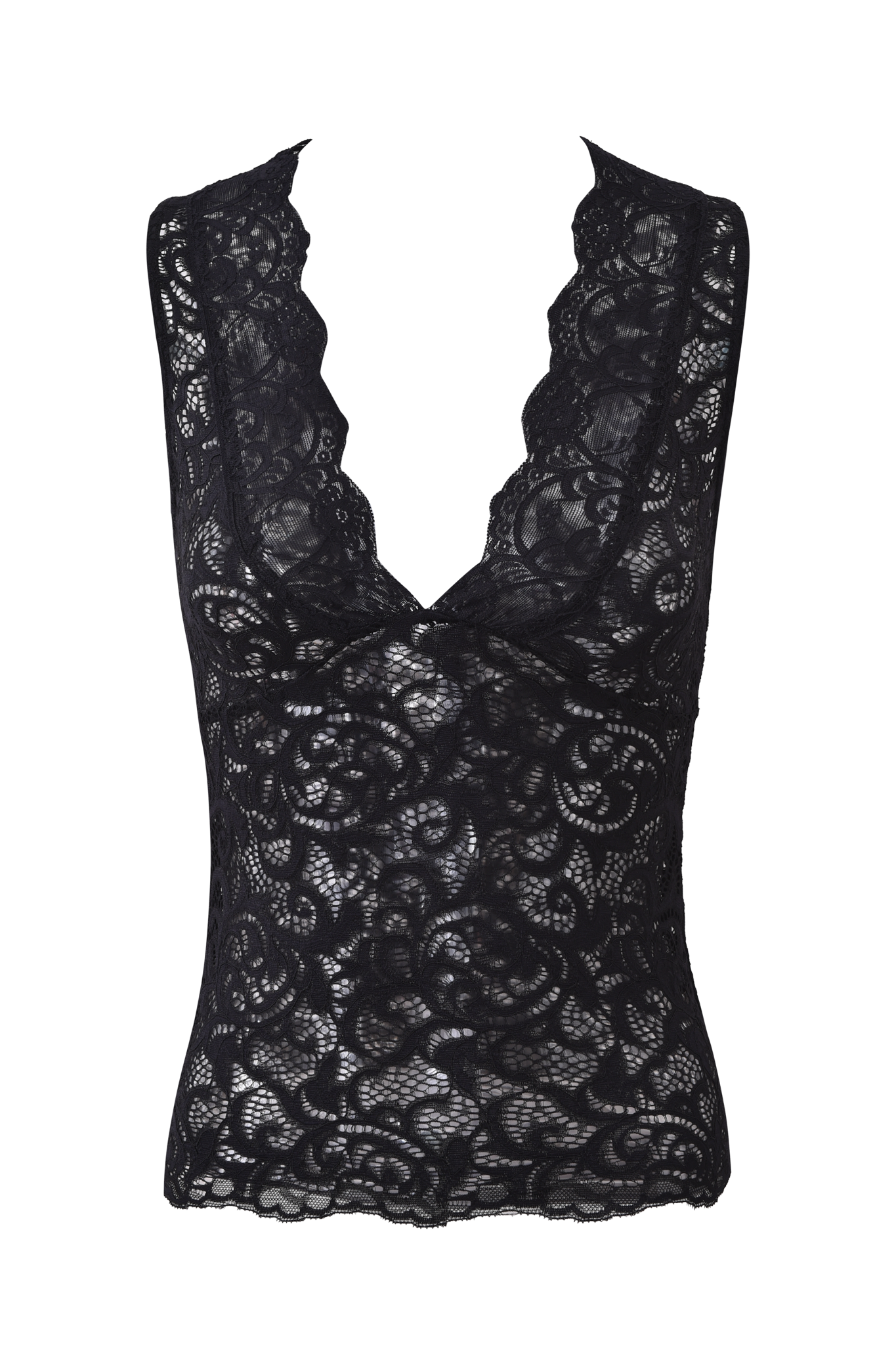 The GEMMA SLEEVELESS TOP - BLACK by I.AM.GIA is a sleeveless black lace tank with a deep V-neckline, floral patterns, and sheer fabric showcasing intricate lacework throughout.