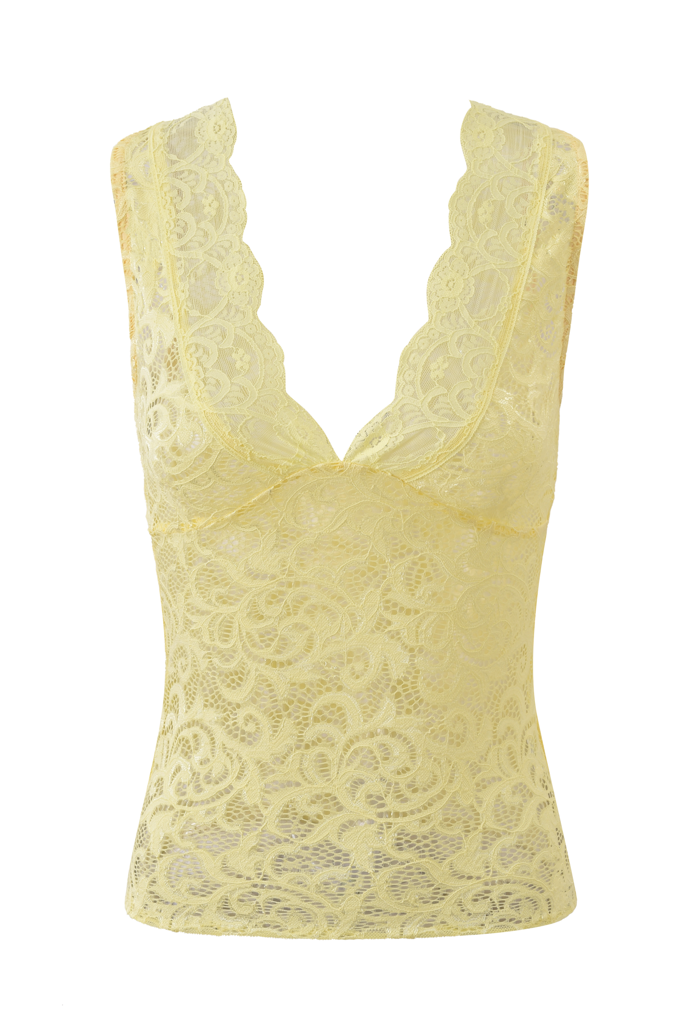 The GEMMA SLEEVELESS TOP by I.AM.GIA is a baby yellow lace tank featuring a deep V-neckline, semi-sheer finish, and intricate floral patterns throughout.