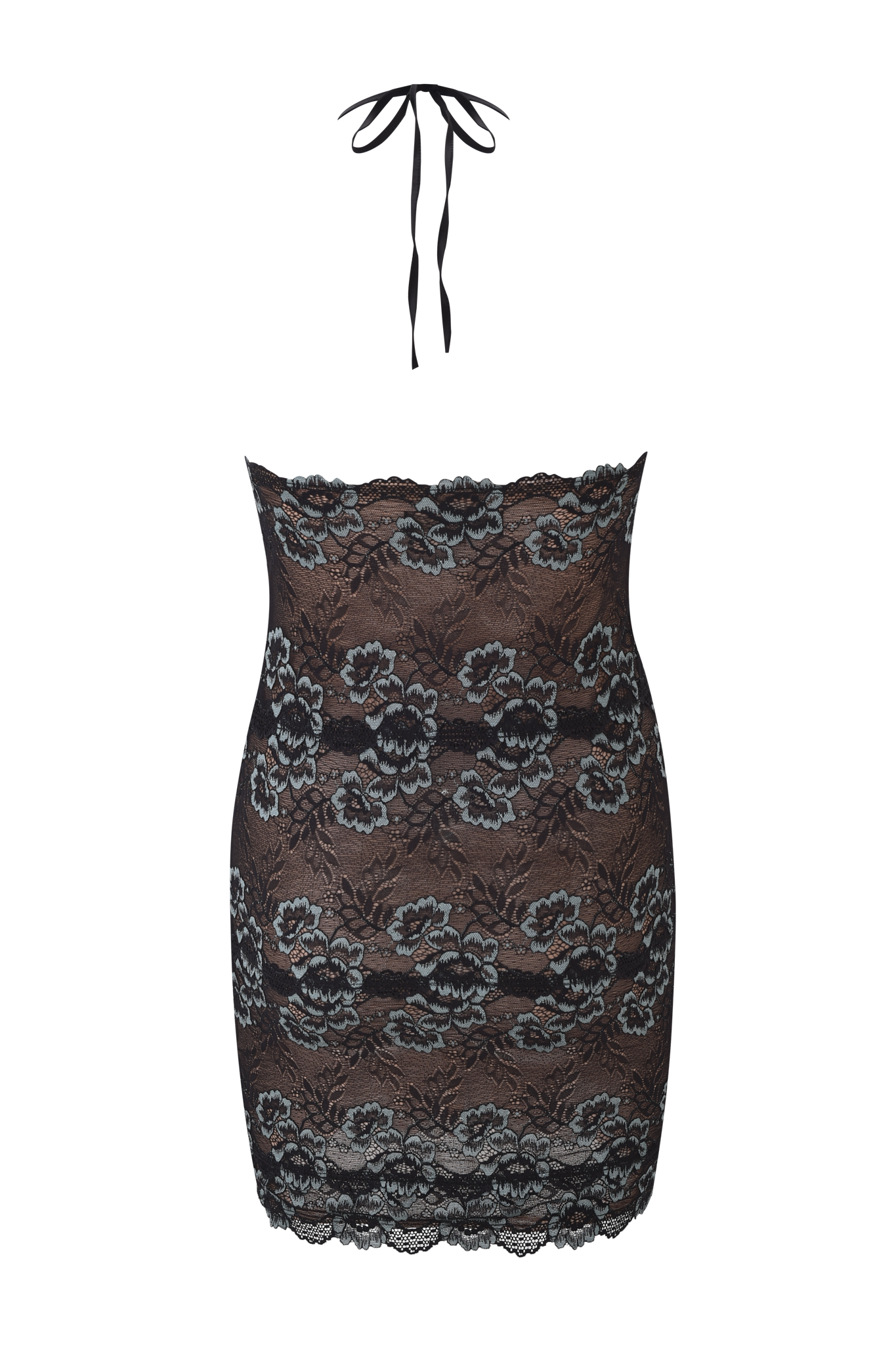The I.AM.GIA GEM MINI DRESS - BLACK BLUE is a black lace halter mini dress with a bodycon fit, floral pattern, sheer details, and scalloped hem, shown on a transparent background.