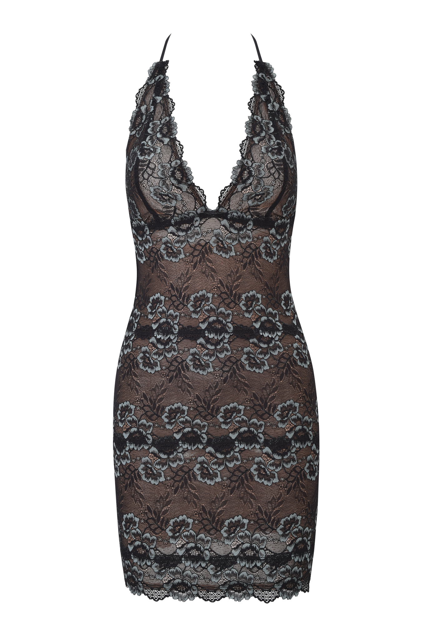 The GEM MINI DRESS - BLACK BLUE by I.AM.GIA features a black halter style with a deep V-neckline, floral lace patterns, scalloped edges, and a bodycon fit for a flattering silhouette.