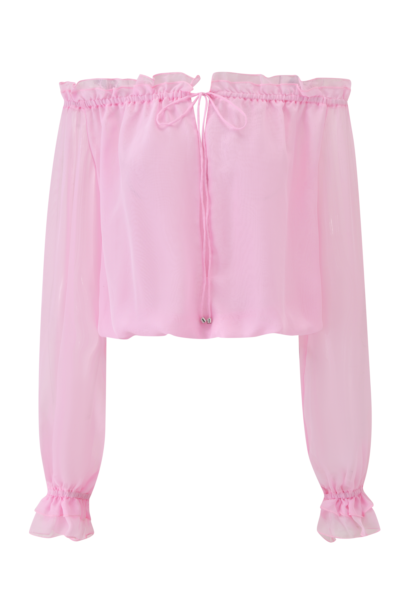 The JAZMIN TOP - BABY PINK by I.AM.GIA is an off-the-shoulder georgette blouse with long puffed sleeves, ruffled cuffs and neckline, plus a delicate front tie.