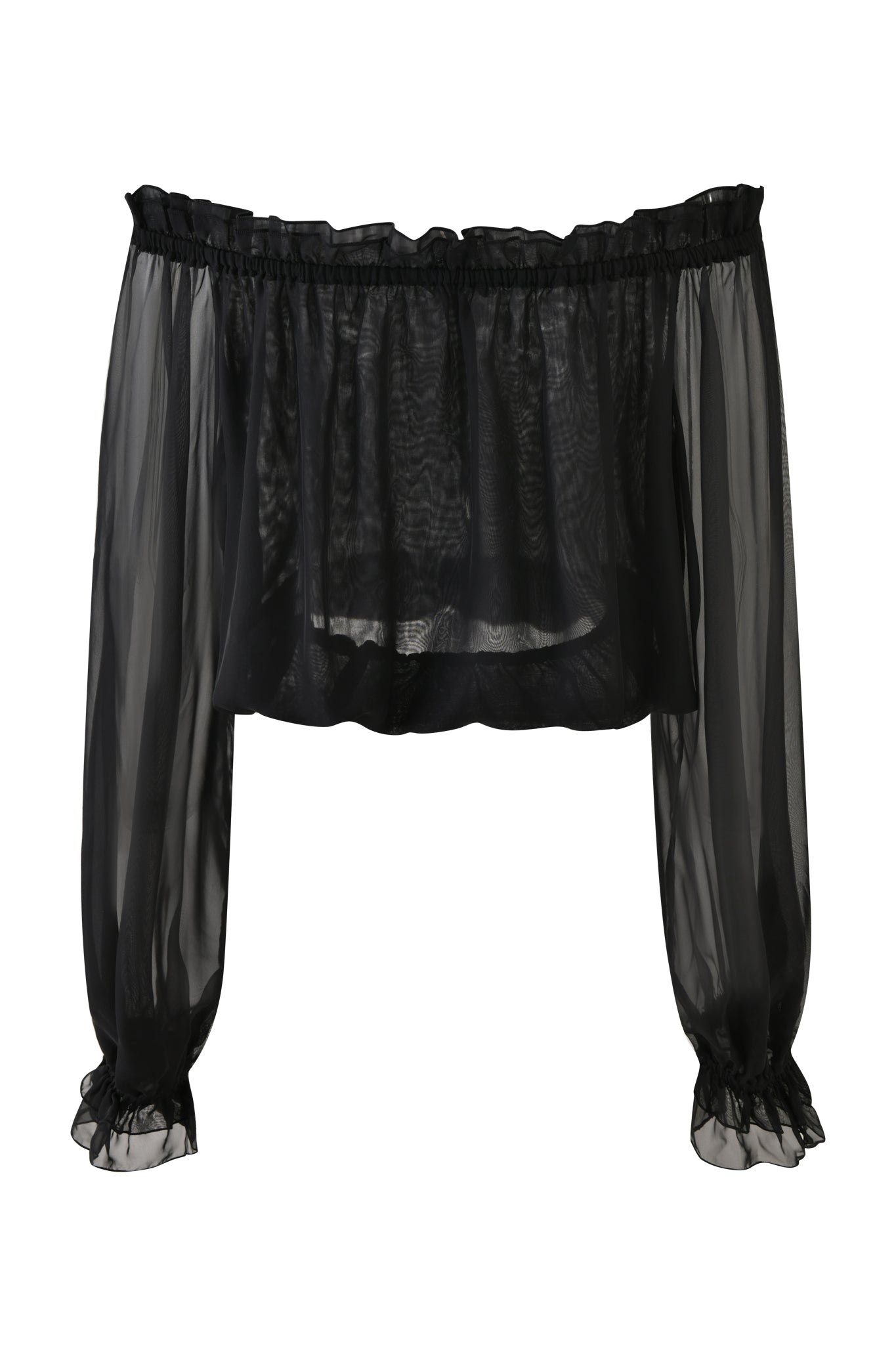 The JAZMIN TOP - BLACK by I.AM.GIA is a sheer black georgette off-the-shoulder blouse featuring long loose sleeves with ruffled elastic cuffs and a ruffled neckline—perfect for effortless elegance.