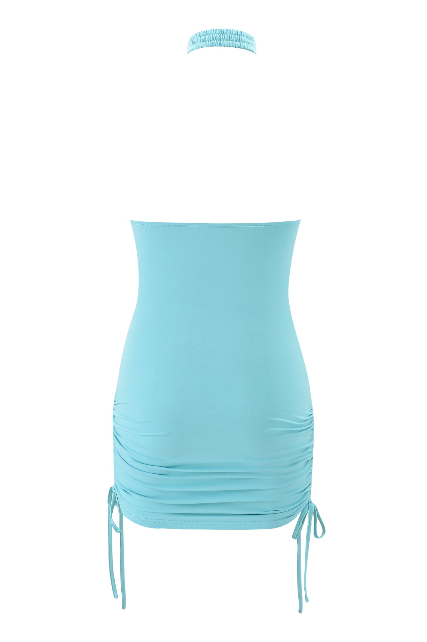 The ROWAN MINI DRESS by I.AM.GIA in teal features a back view of its strapless, bodycon fit in soft jersey, ruched sides, adjustable hem drawstrings, and an elastic halter strap.