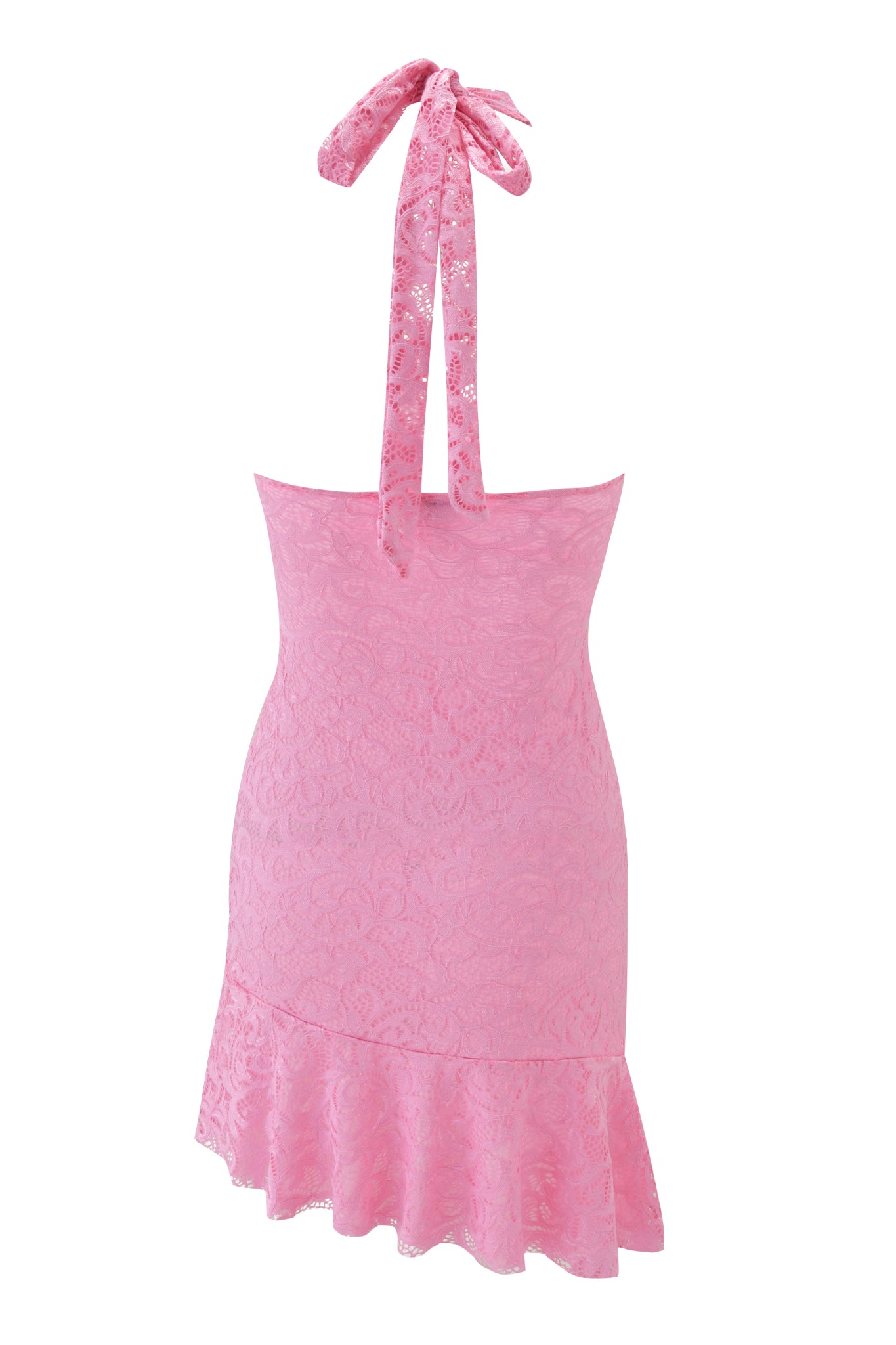 The GEMMA HALTER MINI DRESS by I.AM.GIA features pink floral lace, a halter neck tie, fitted bodice, asymmetrical ruffled hem, and an open back for a chic touch.