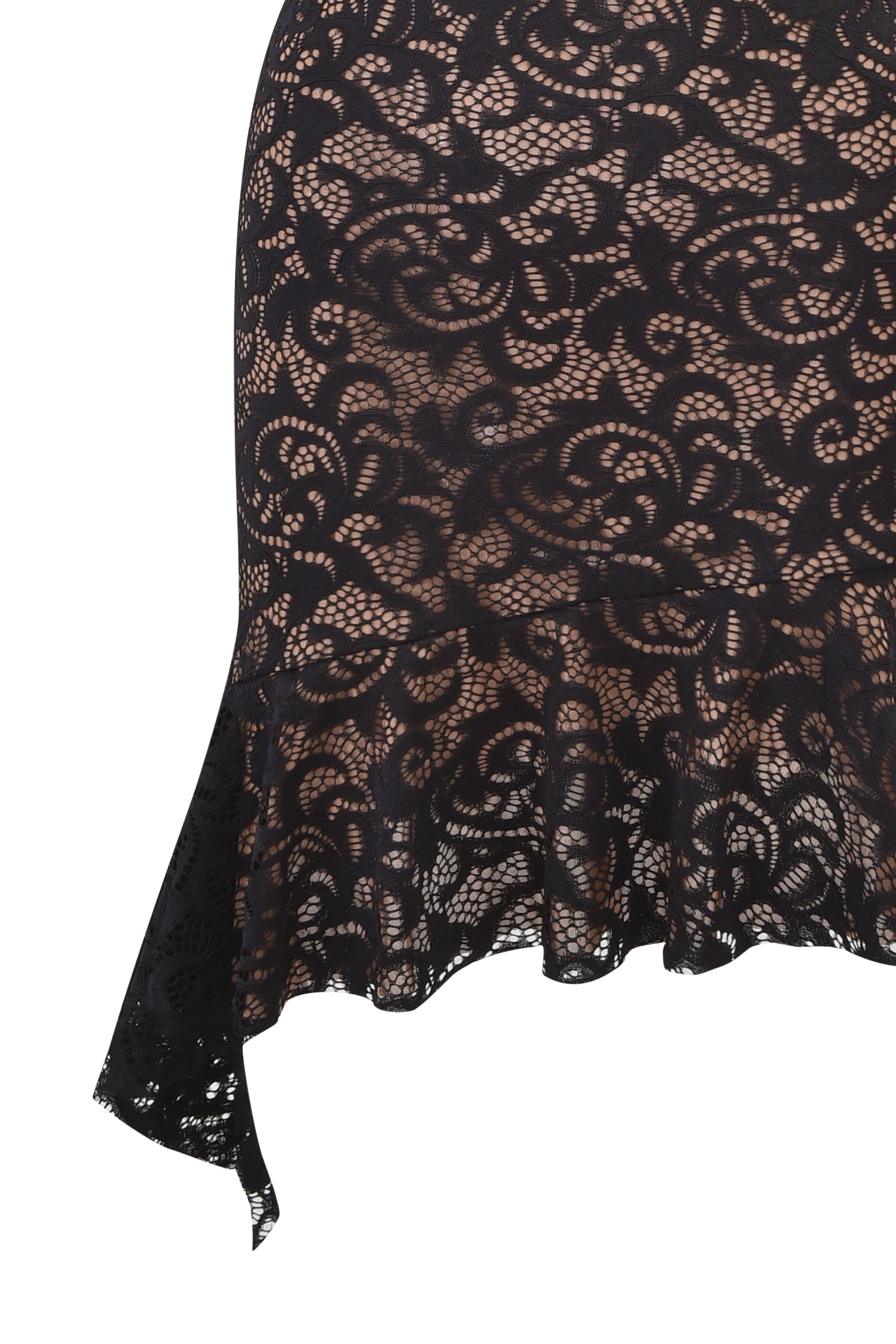 Close-up of the I.AM.GIA GEMMA HALTER MINI DRESS in black, showcasing a floral lace pattern over beige lining with an asymmetrical edge and ruffled hem for an elegant finish.