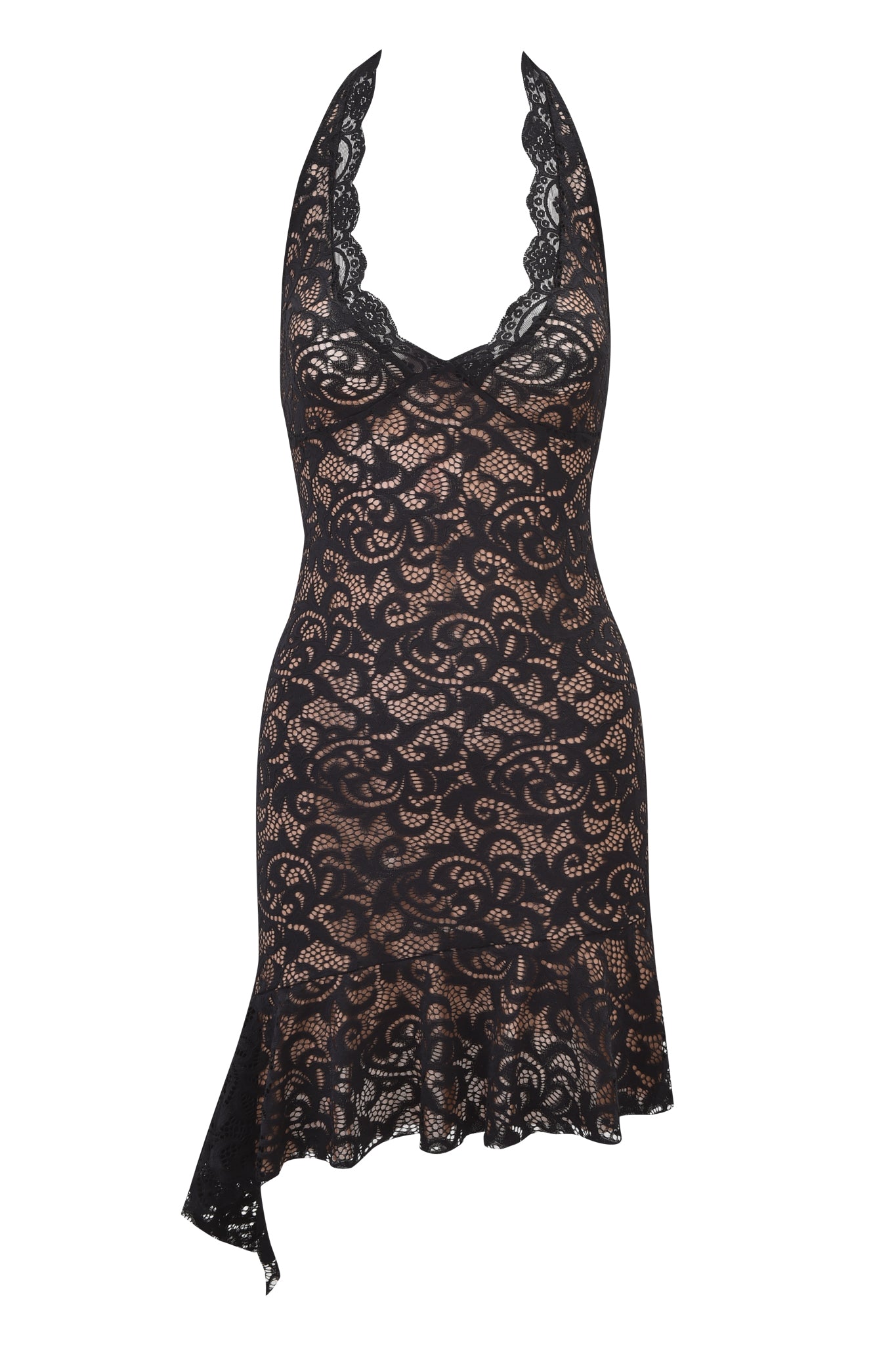 The GEMMA HALTER MINI DRESS by I.AM.GIA features black floral lace, a sleeveless halter cut, deep plunging V neckline, nude underlay, and an asymmetrical ruffled hem for a bold statement look.