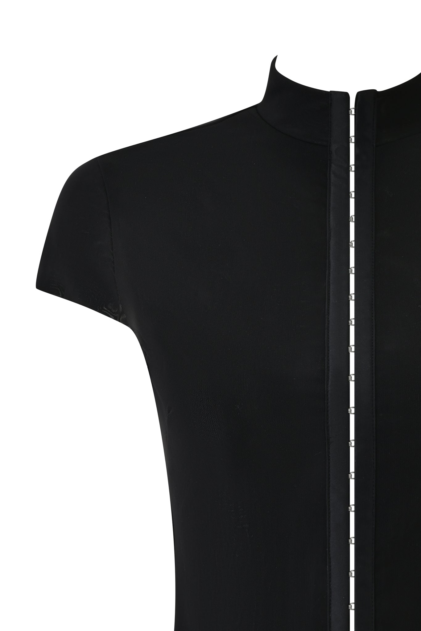 A close-up of the I.AM.GIA ISELA TOP - BLACK, a mesh bodycon top with a mock neck and vertical silver hook-and-eye closure down the center.
