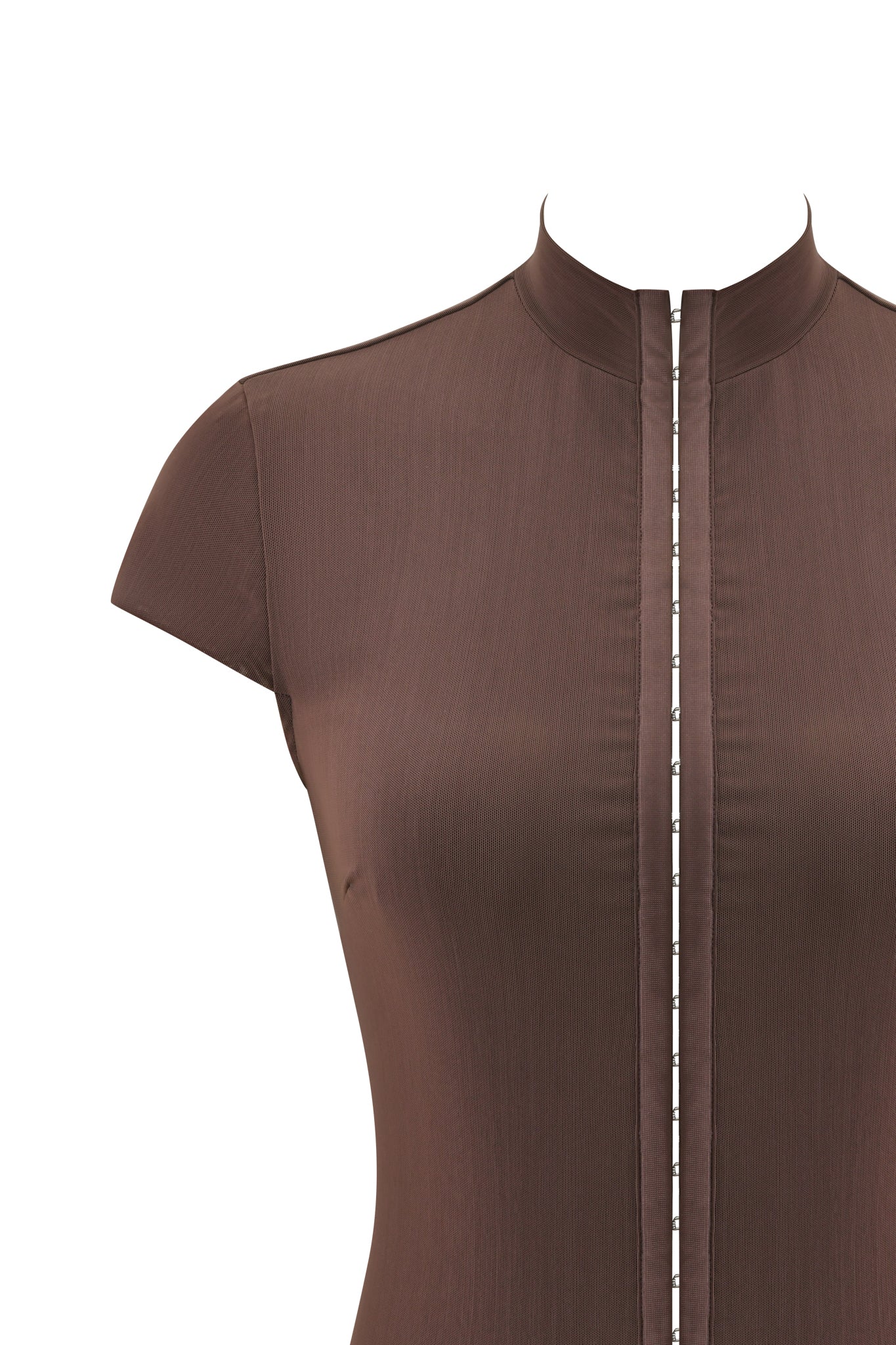 Close-up of the ISELA TOP - BROWN by I.AM.GIA, a fitted, short-sleeved piece featuring a mock neck and center front vertical seam. Its bodycon silhouette contrasts with the crisp white background.
