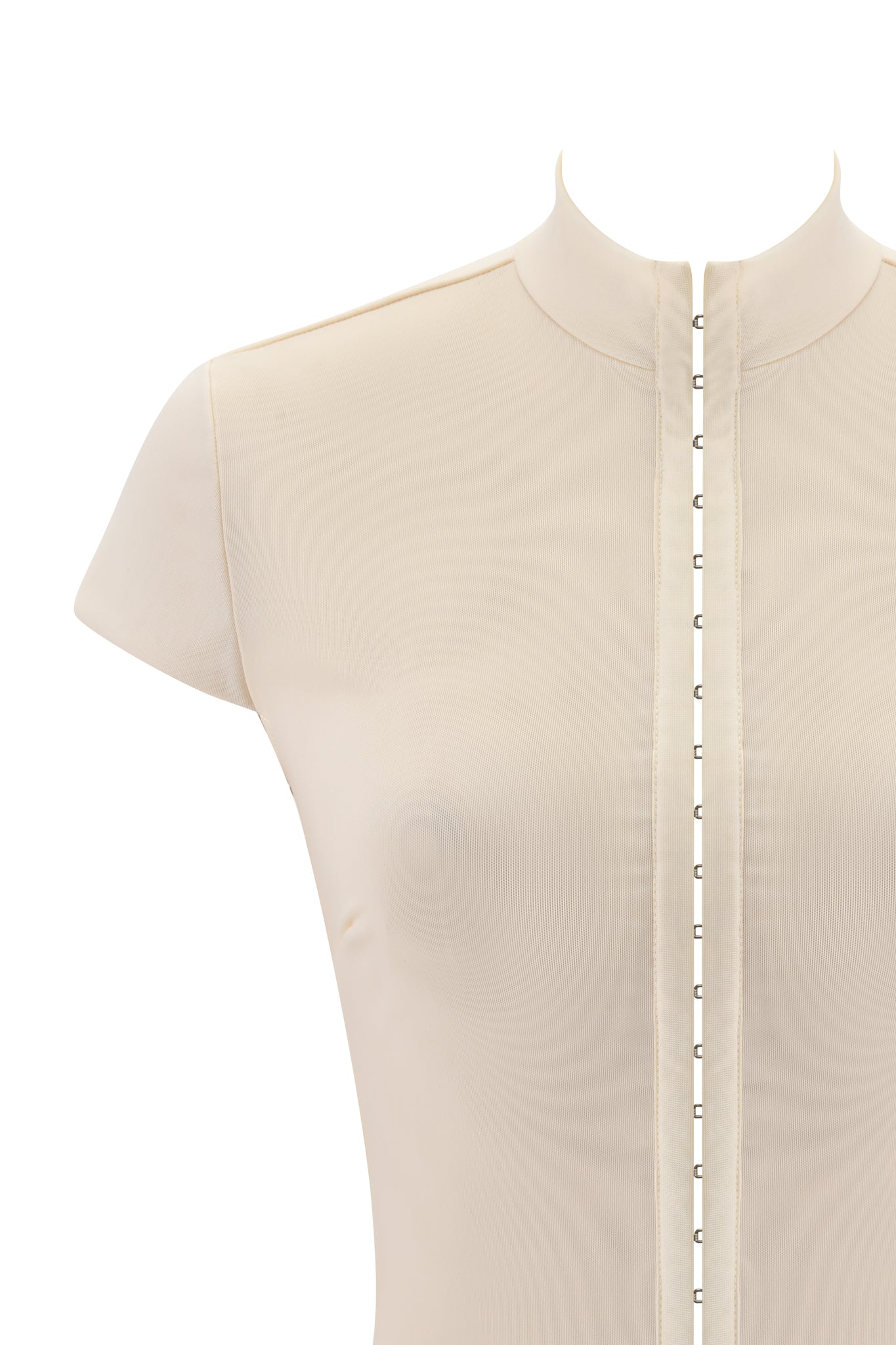 A close-up of the I.AM.GIA ISELA TOP in cream, a beige short-sleeve bodycon style with a high collar and hook-and-eye fastenings down the front, shown on a white background.