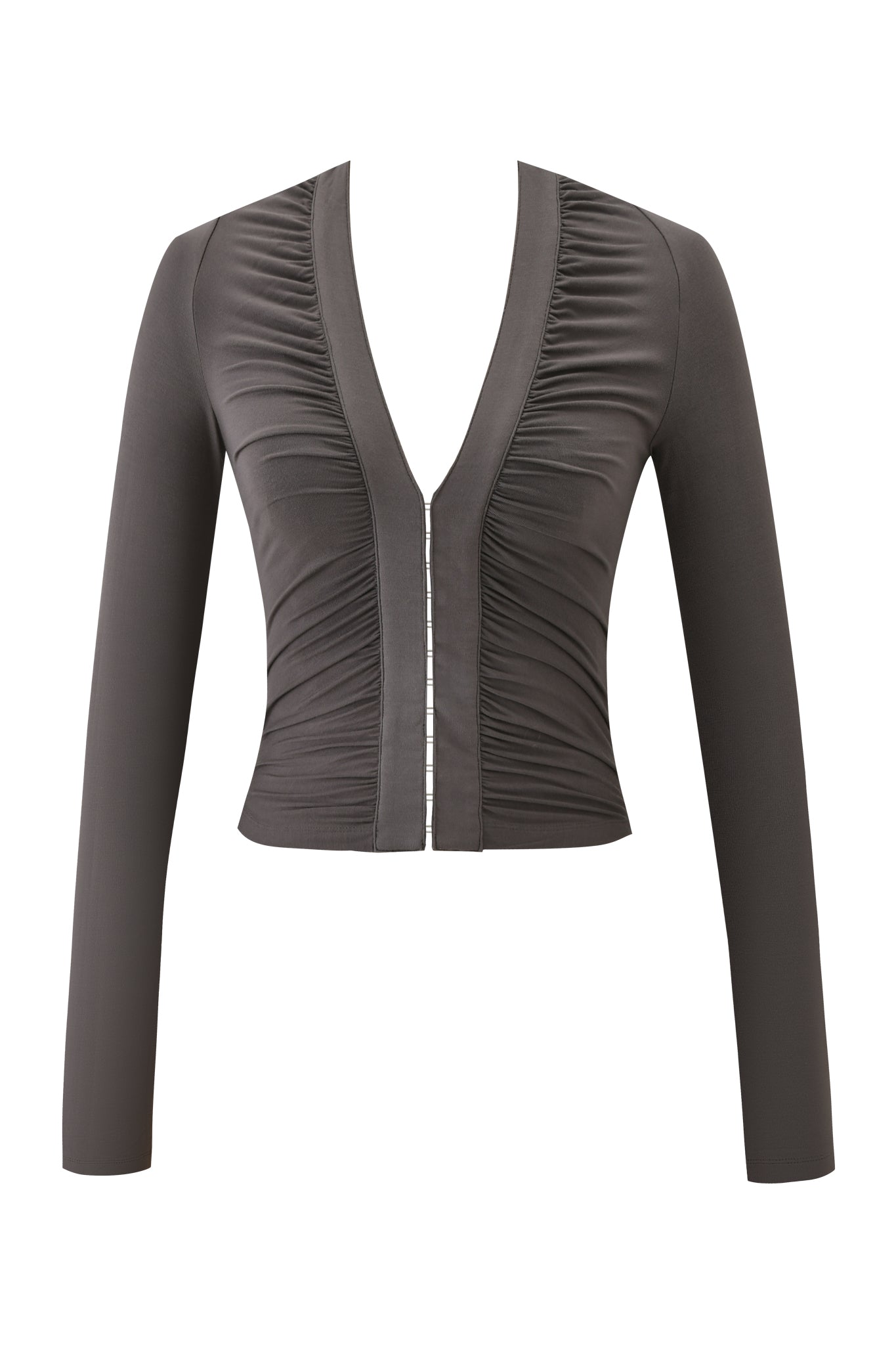 The KOVU LONG SLEEVE TOP in charcoal grey by I.AM.GIA features a low v-neckline, gathered front, central zipper, and fitted cropped silhouette for a modern look.
