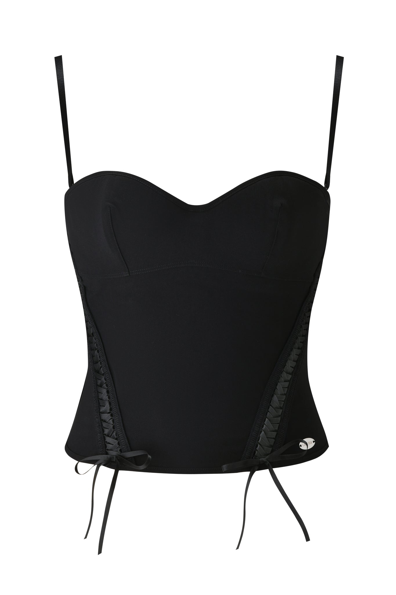 The SAMIRA BUSTIER - BLACK by I.AM.GIA is a fitted top with thin straps, a sweetheart neckline, lace-up ribbon sides, stretch woven fabric, and a small metallic logo near the hem.