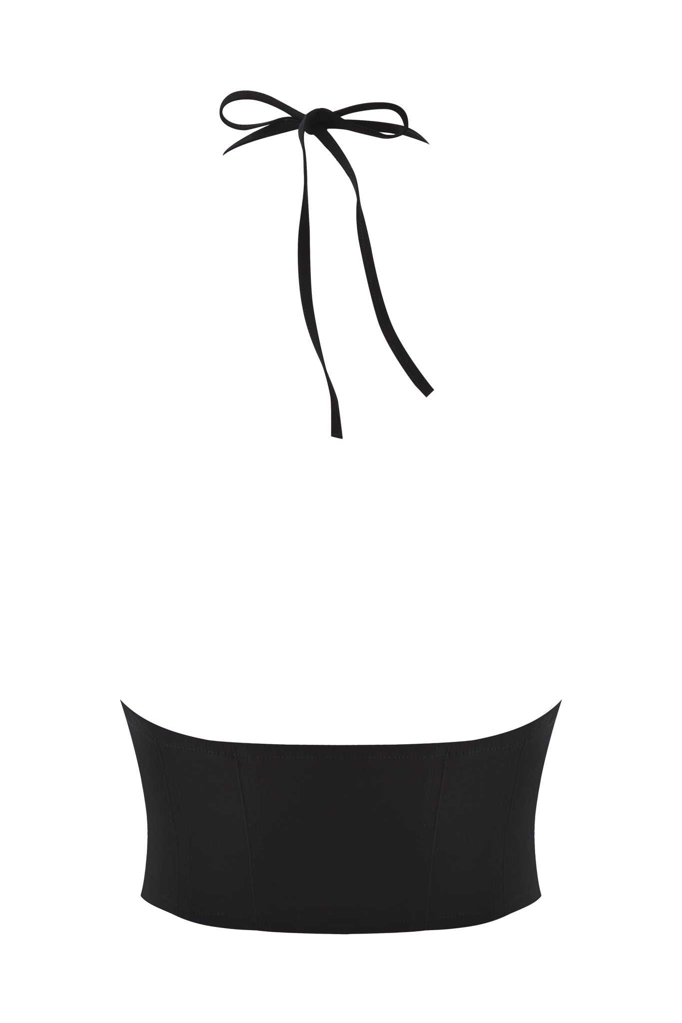 The I.AM.GIA ELLENA WOVEN LACE HALTER CORSET is a minimalist black cropped top with a bandeau-style bodice and bow-tied neck strap, displayed on a white background.
