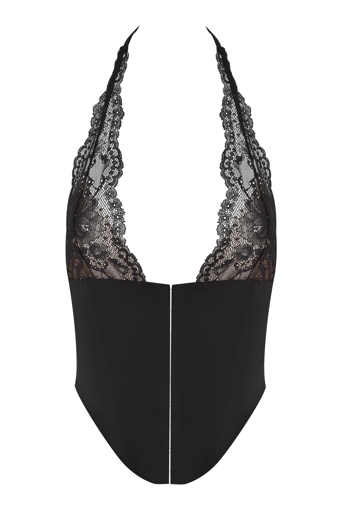 The ELLENA WOVEN LACE HALTER CORSET by I.AM.GIA features a black halter-neck design, deep V neckline, sheer lace bust detail, and a structured corset-inspired lower half for a bold silhouette.