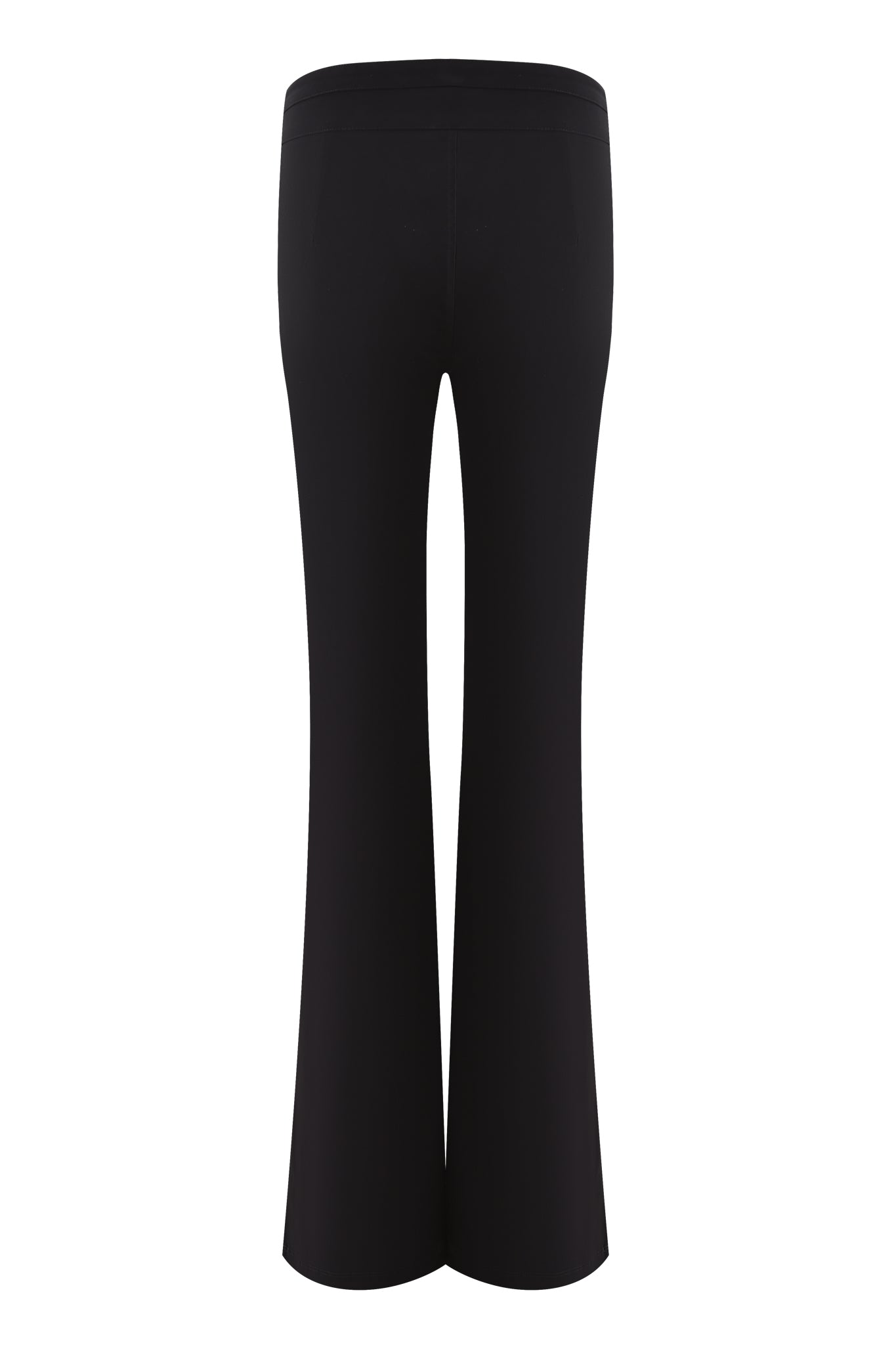 Back view of the I.AM.GIA ELLENA 2.0 CURVED WAIST ZIPPER PANT in black shows a flared, high-waisted fit with a seamless, pocket-free design that creates a sleek silhouette against a white background.
