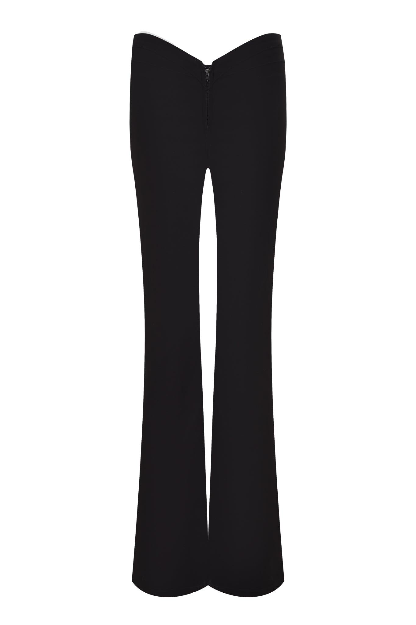 The I.AM.GIA ELLENA 2.0 CURVED WAIST ZIPPER PANT features flared black pants with a high-waisted curved waistband and back zipper, shown against a plain white background.