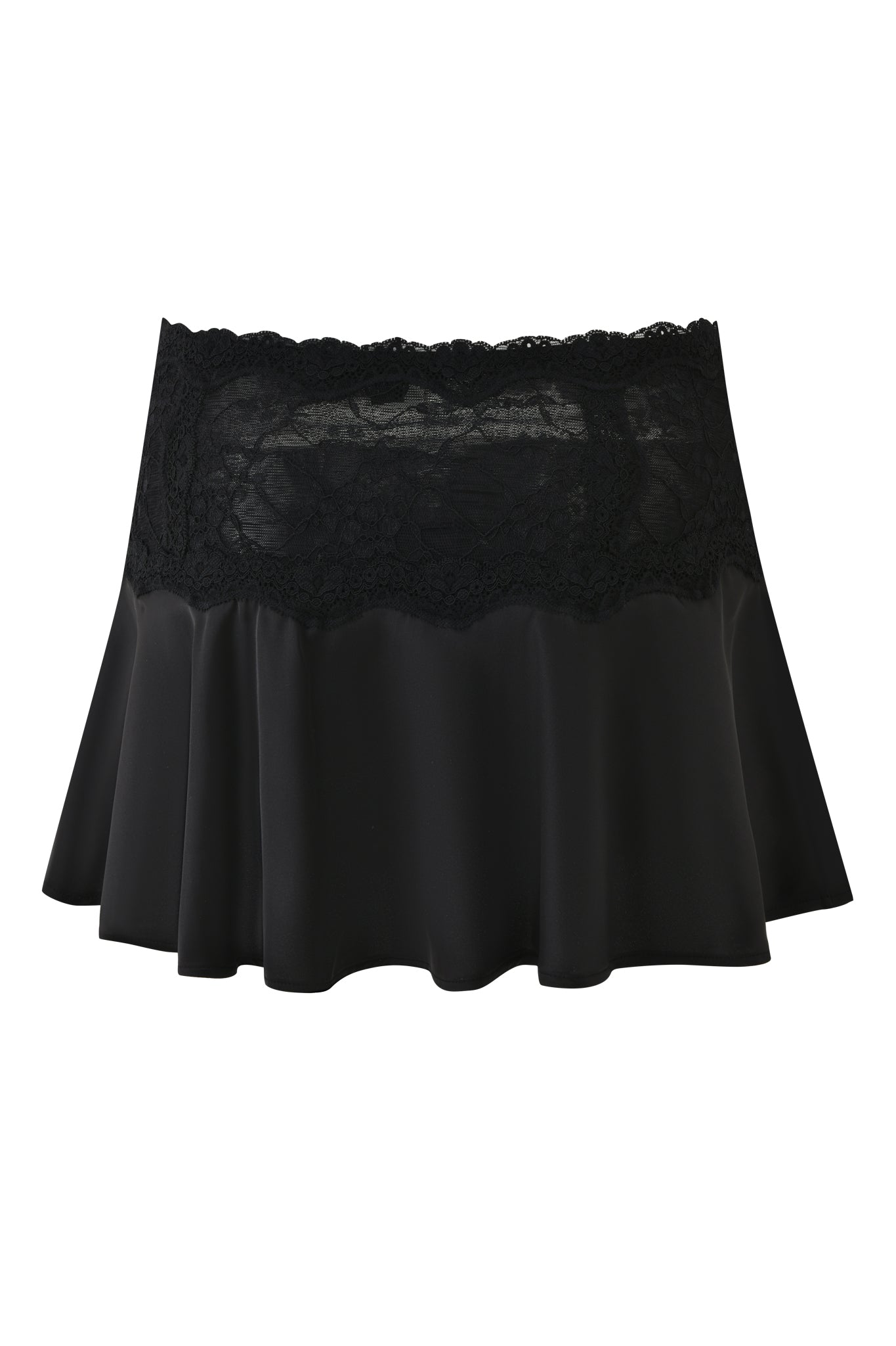 The ASHLING MINI SKIRT - BLACK by I.AM.GIA is a black satin lace mini with a flared silhouette, delicate lace waistband, and lace trim at the top for a chic low-rise look.
