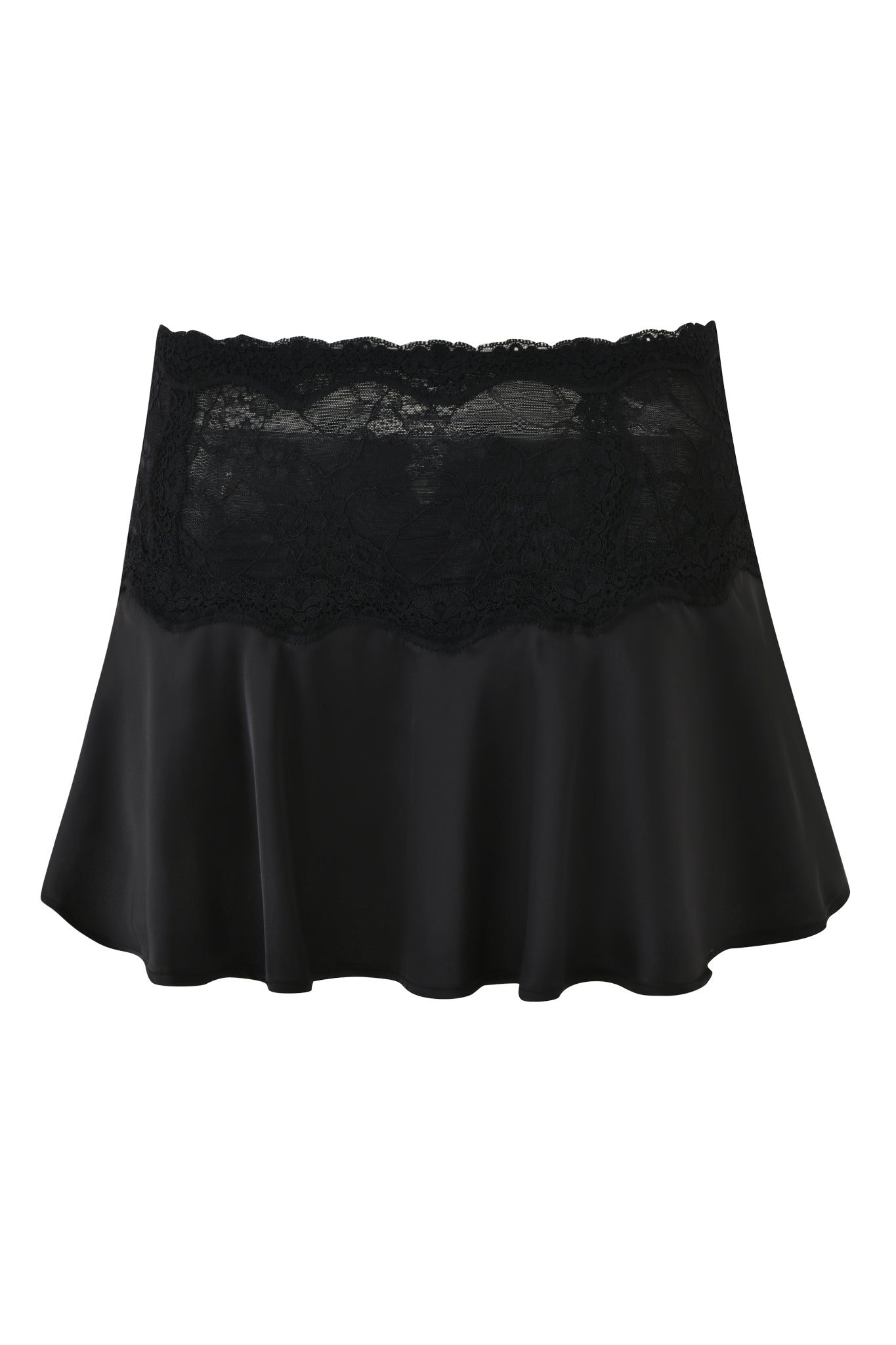 The ASHLING MINI SKIRT - BLACK by I.AM.GIA features a wavy hem, wide lace waistband, and chic satin fabric. Sitting low on the waist, this mini skirt flatters your silhouette with its stylish design.